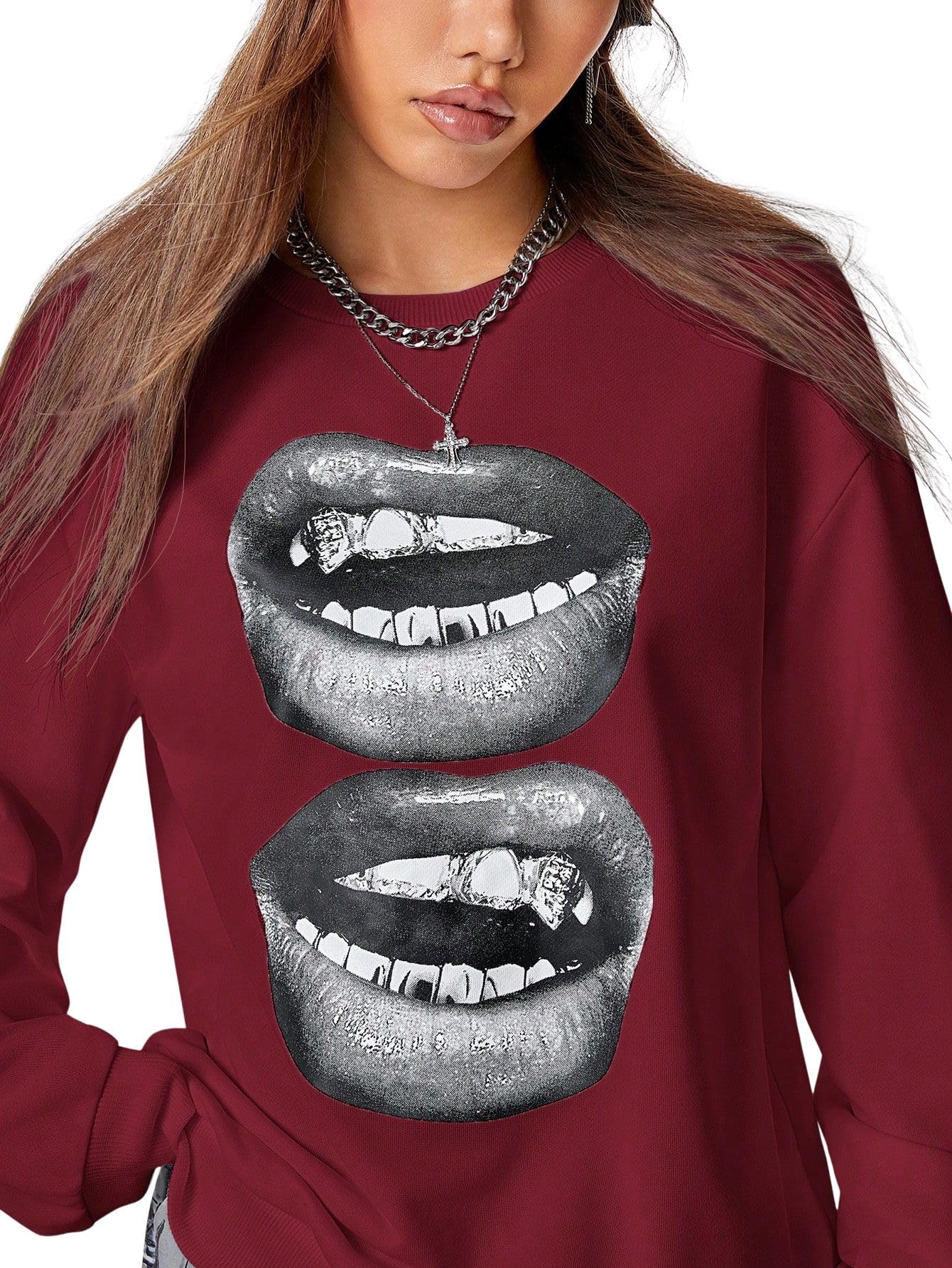 Women's Y2K Streetwear Vintage Casual Graphics Loose Jumper, Double Lips Print Sweatshirt, Long Sleeve Ribbed Knit, Multiple Colors-image-16