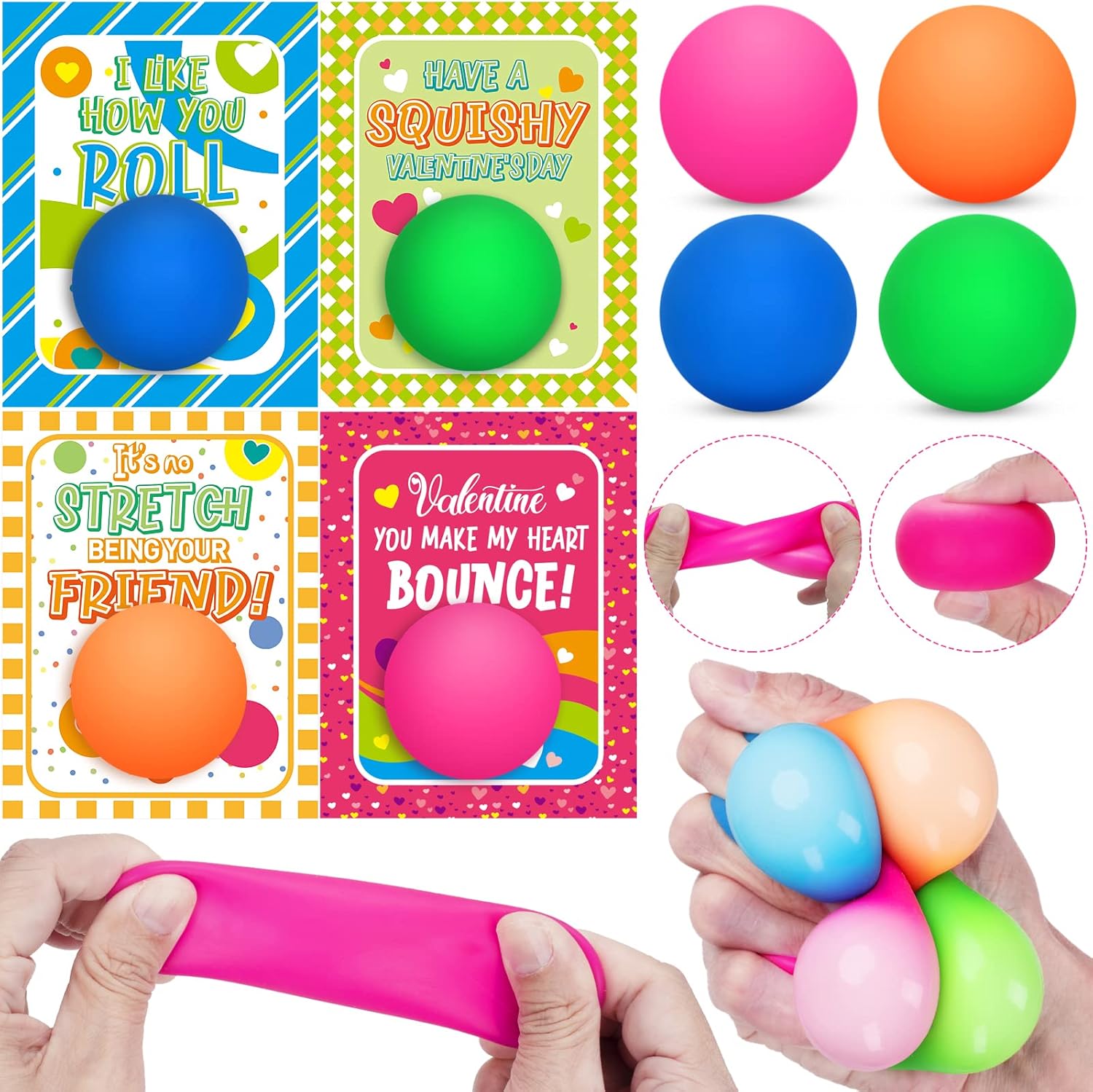 Valentine's Day Cards for Kids, 28 Packs Stress Ball Stretchy Toy with Valentine's Day Greeting Cards, Squishy Balls Valentine Gift Sets for Kids Classroom Exchange Prizes, Kids Party Favors Packs