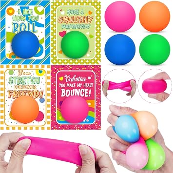 Valentines Day Cards for Kids, 28 Packs Stress Ball Stretchy Toy with Valentines Day Greeting Cards, Squishy Balls Valentine Gift Sets for Kids Classroom Exchange Prizes, Kids Party Favors Packs