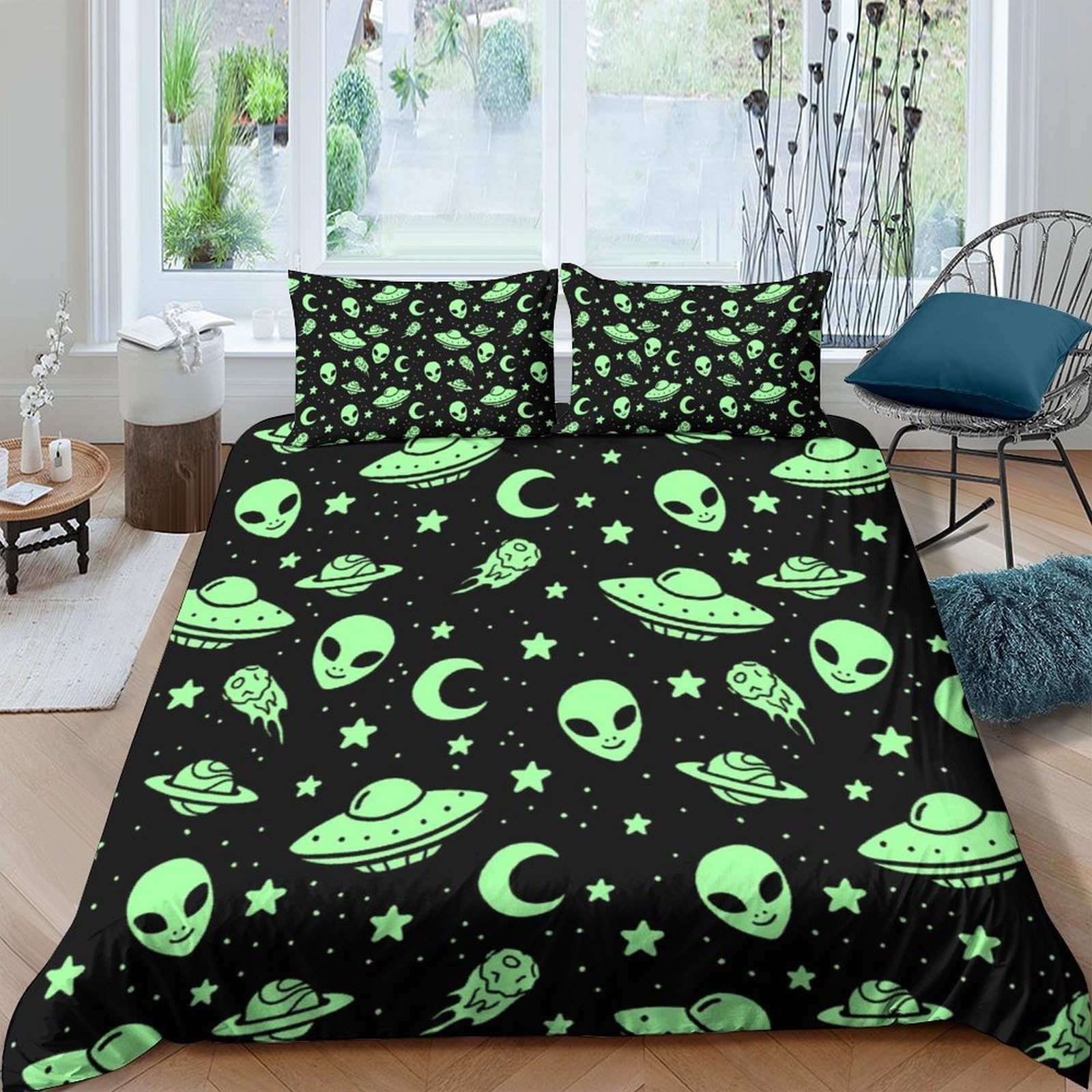 Ctjqhvkz Style-8 3D Printed Alien Spaceship Fitted Sheet Microfiber Soft Black Green Moon Star Mattress Cover Bedroom Dorm Decor Single（135X200cm）