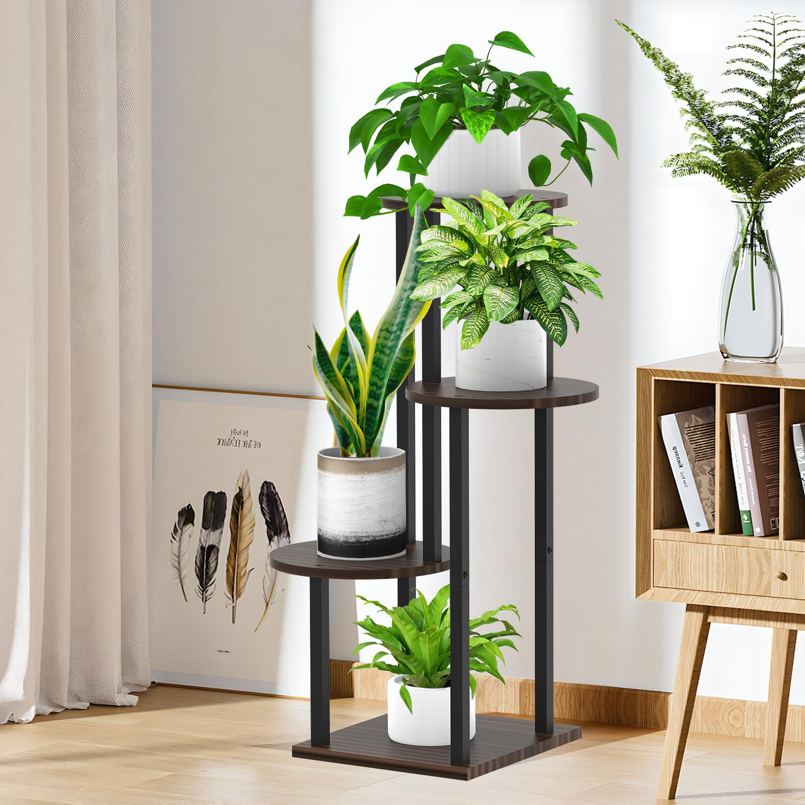 Étagère à fleurs en bois pour 4 animaux - Étagère en métal - Support de fleurs à plusieurs étages - Banc de fleurs - Escalier pour plantes - Étagère sur pied pour l'intérieur et l'extérieur -