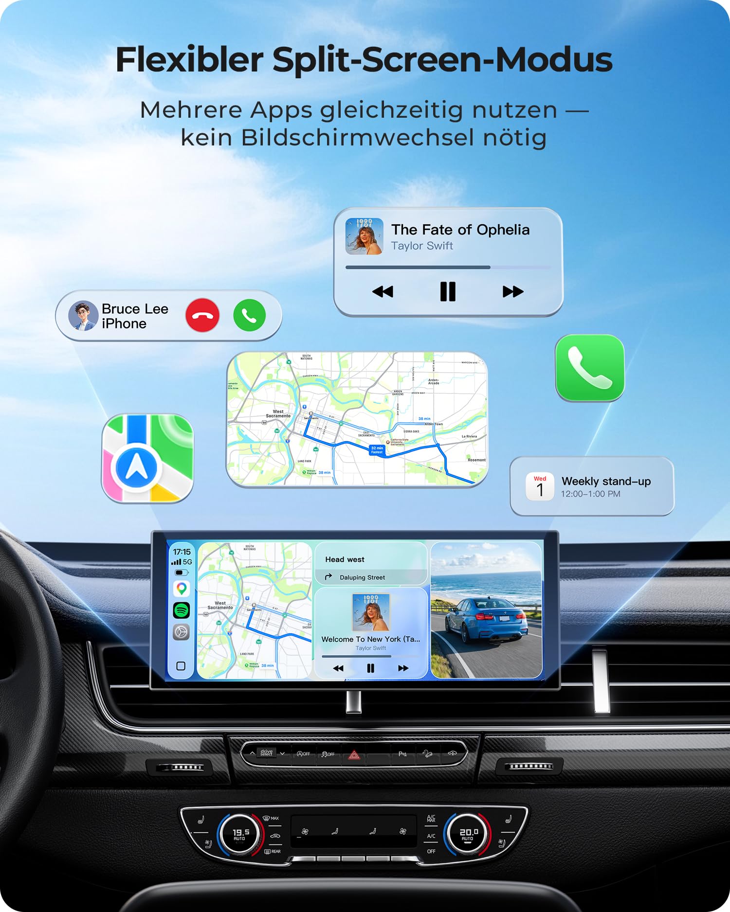 10,26" Drahtloses Tragbarer 60FPS Car Play Display mit 4K Dashcam Vorne HD Hinten für Apple Carplay & Android Auto, 1920 * 720 Laminiertes Tablet mit GPS Navigation Bluetooth Mirror Link