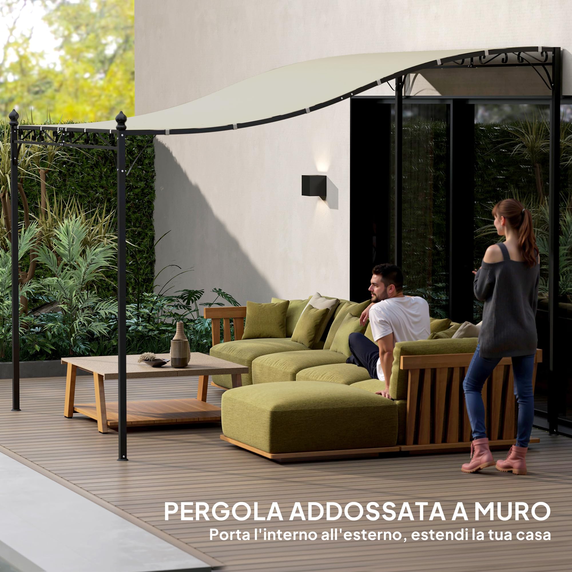 Outsunny Pergola Addossata 2.5x3m con Design Curvo e 16 Fori di Drenaggio, Gazebo Pergolato da Giardino in Metallo e Poliestere con Viti, per Esterno, Terrazza e Patio, Protezione UV, Crema