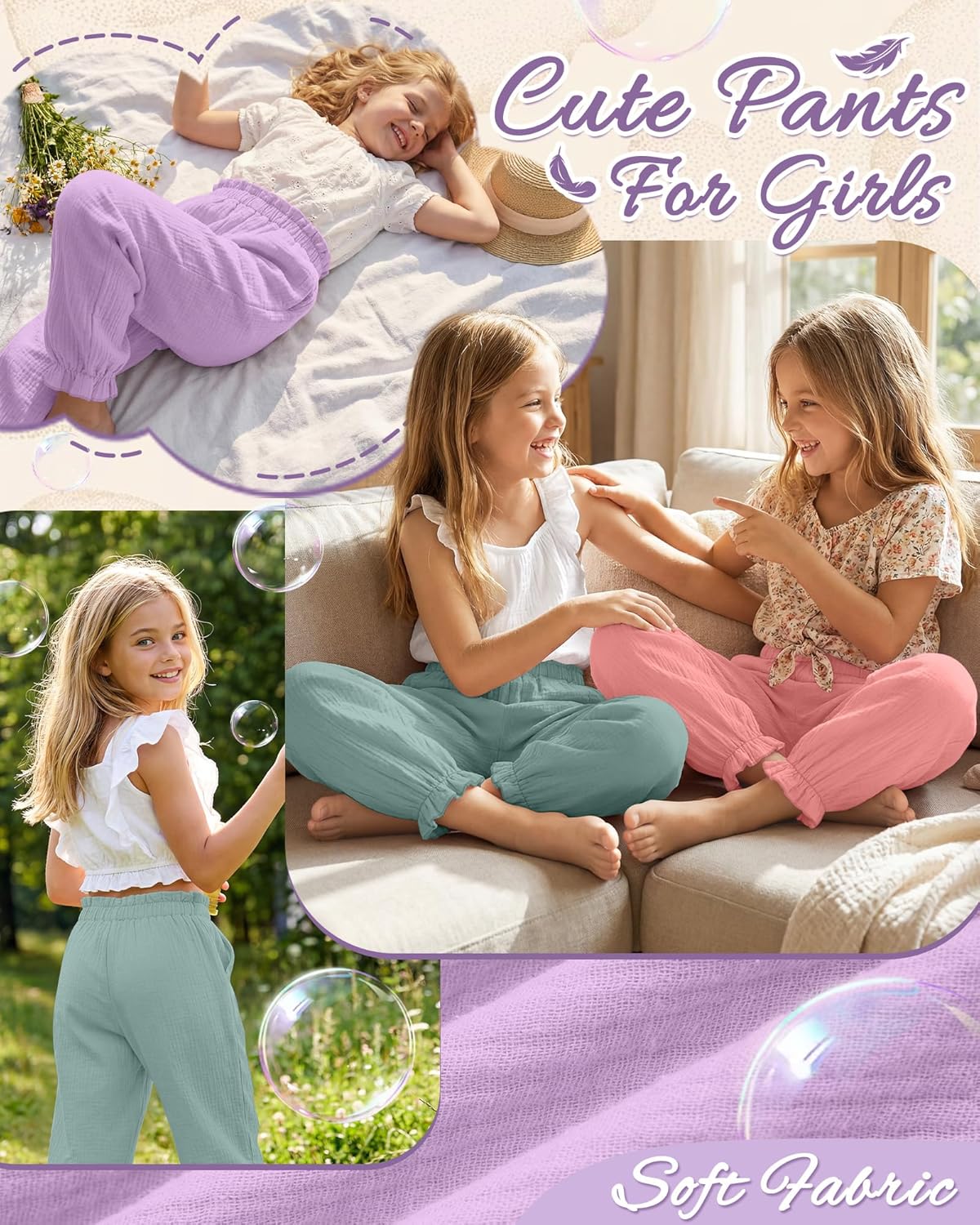 3 Pack Girls' Cotton Linen Pants Ruffle Elastic Waist Harem Pants Seersucker Boho Bloomers Vacation 5-14 Years