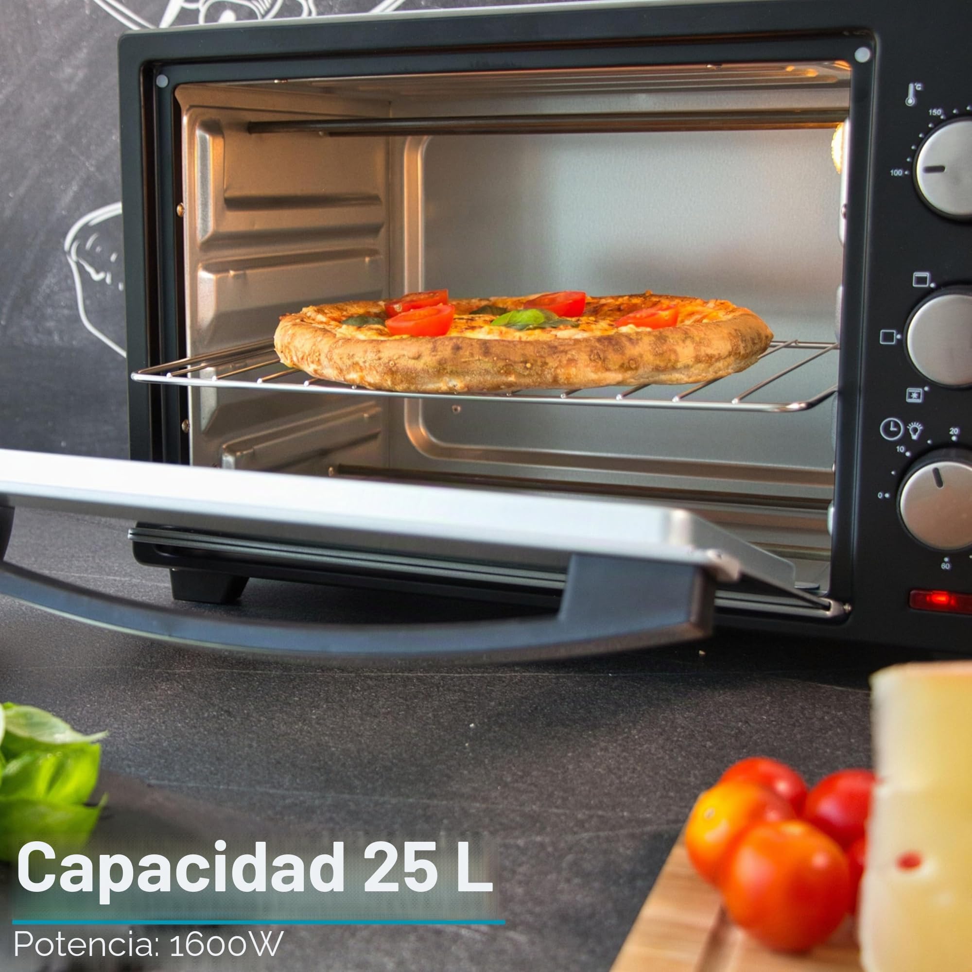 Mini horno 25 litros 1600W convección calor superior e inferior temporizador 60 min