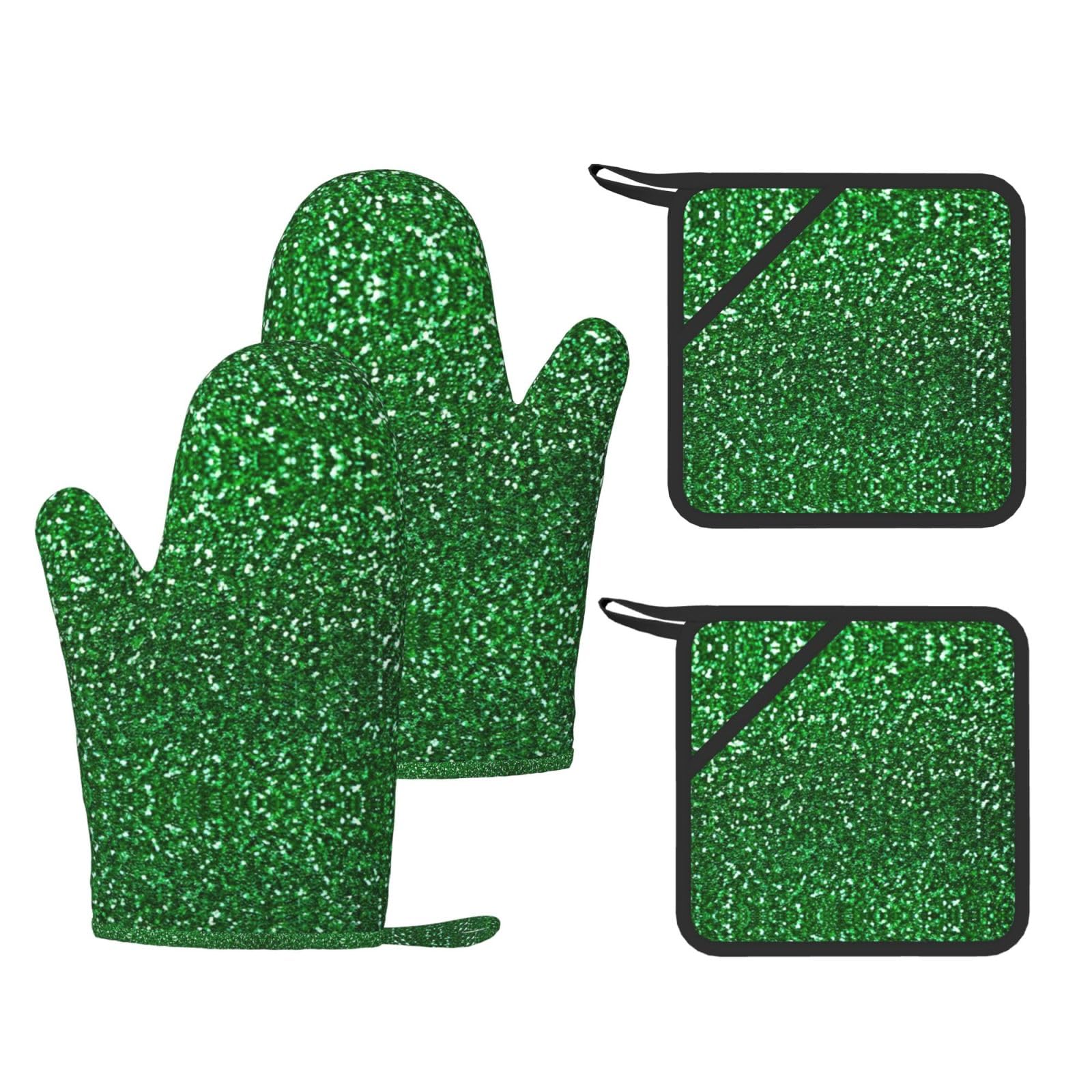 Green Sequin Sparkle Printed Cooking Mitts and Pot Holders 4 Pcs, Heat Resistant Oven Gloves with Hanging Loop Chef