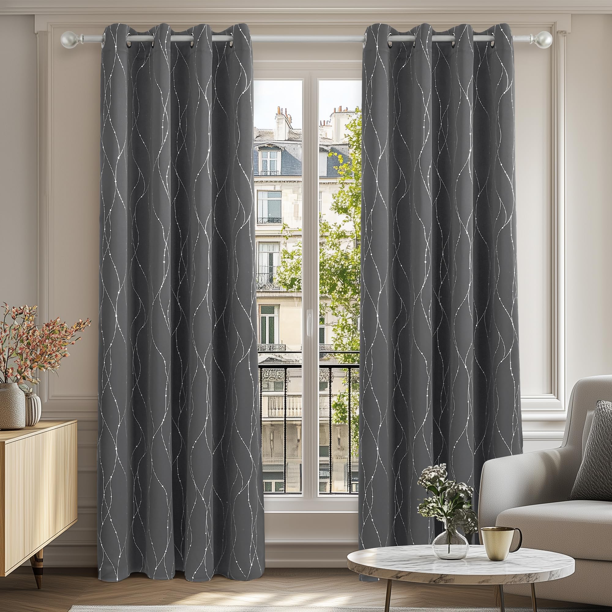– Deconovo Grey Curtains, Dotted Line Foil Printed Thermal Insulated Blackout Curtains, Window Treatment Eyelet Curtains for Bedroom, 46 x 54 Inch(Width x Length), Grey, 2 Panels