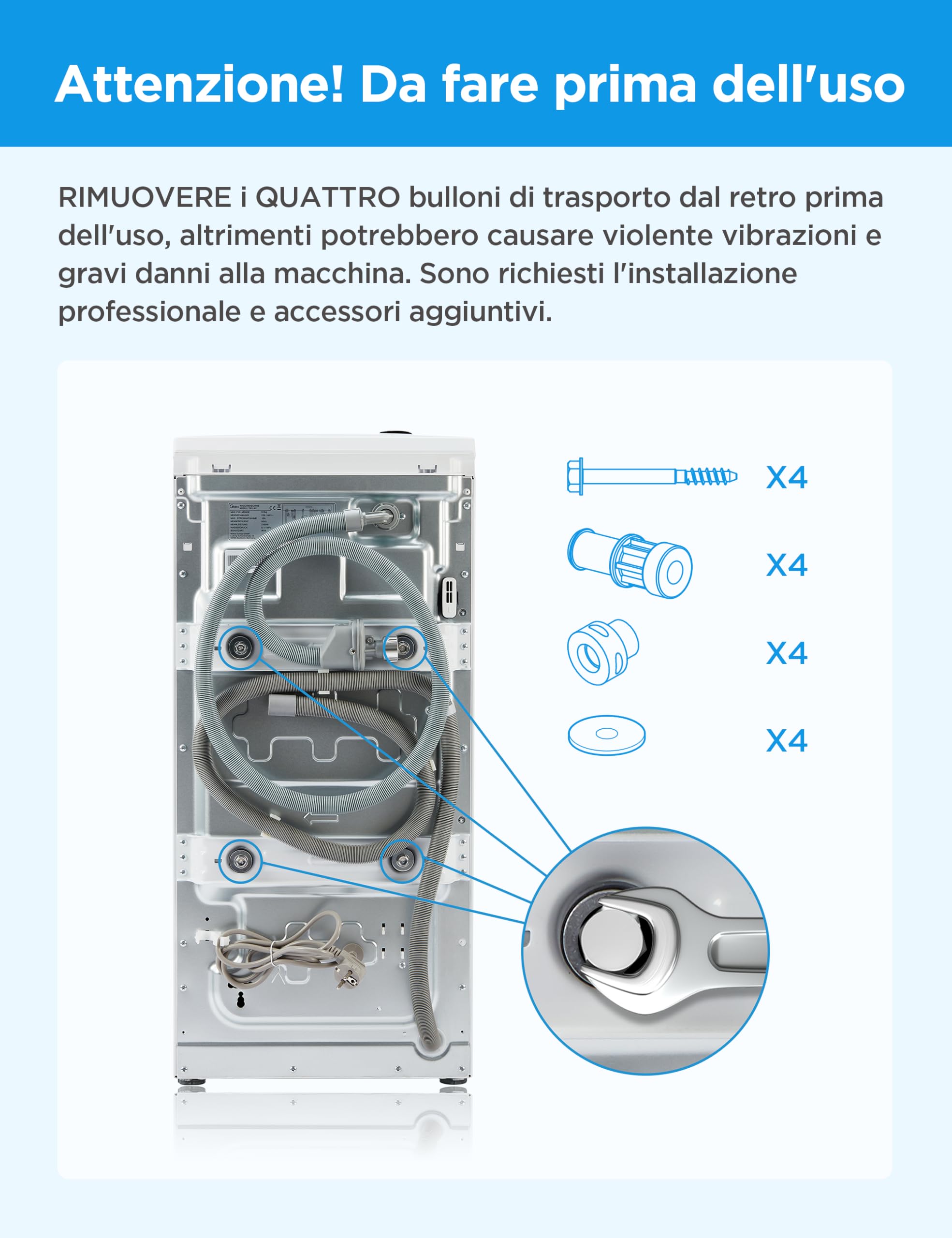 Midea MF10ET70B Lavatrice a Carica Dall'alto 7 kg,Classe A,1200 Giri,Vapore,Motore BLDC,SoftOpener,Porta XL,Bianco