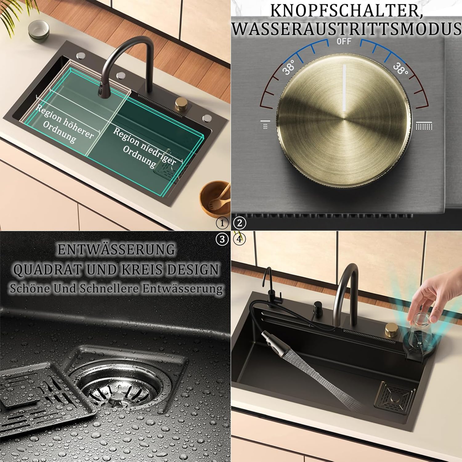 DSMRLEOP Waterfall Sink in Black, 304 Stainless Steel Sink, Multifunctional Kitchen Sink, Built-in Sink, Sink with Multifunctional Tap and Various Accessories
