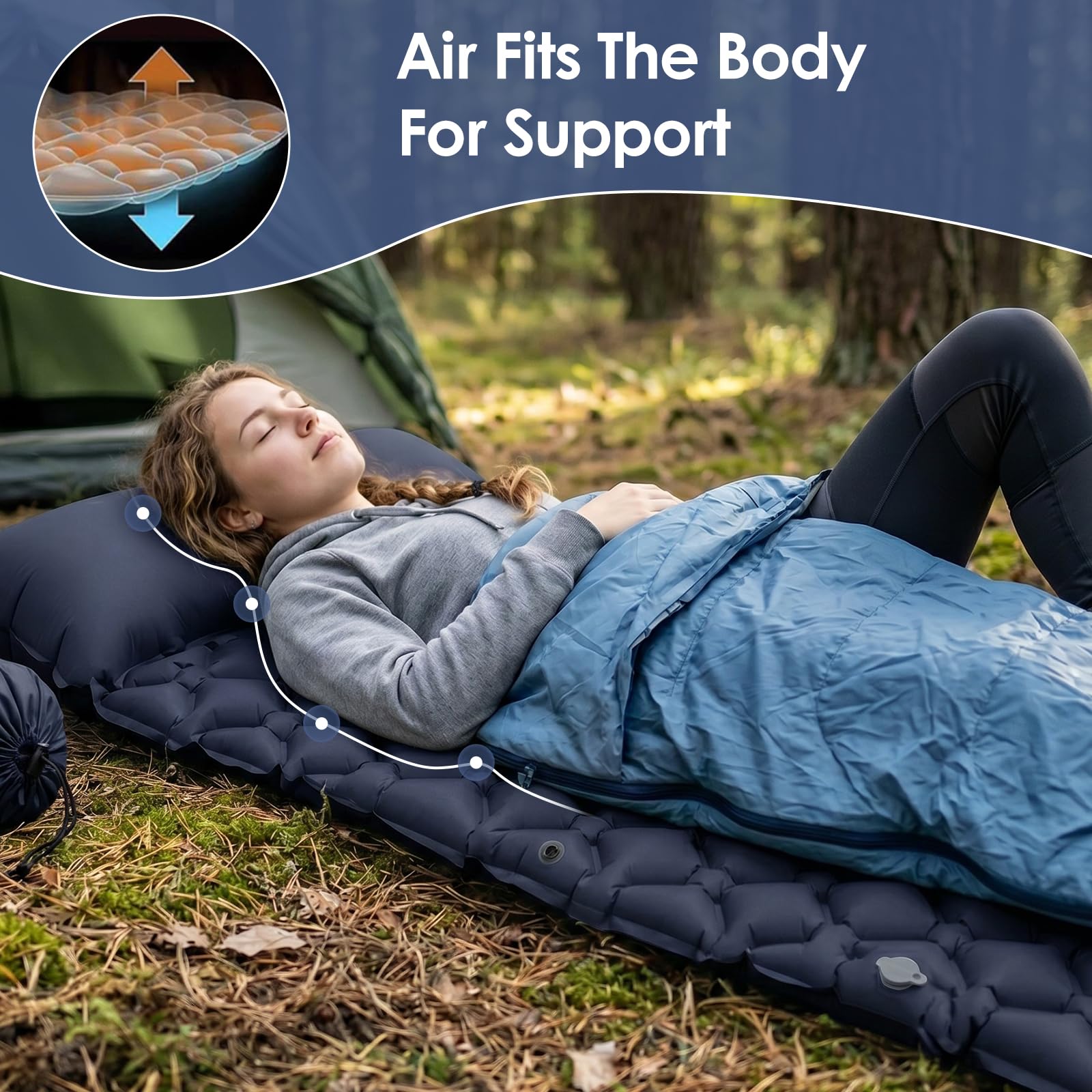 Journeyside Materassino da Campeggio Autogonfiante, Materassino Gonfiabile con Cuscino, Materasso da Campeggio in Nylon 40D, Impermeabile per Trekking Outdoor Zaino in Spalla Campeggio 190x60x5 cm