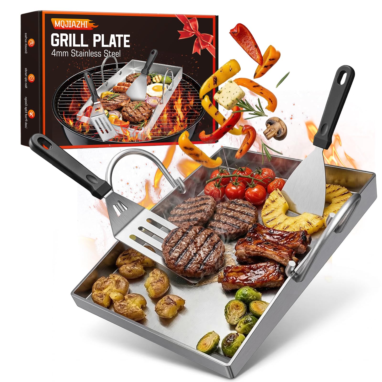 4 mm Plancha Grillplatte 40 x 30 cm mit Perforation, Edelstahlplatte, hitzebeständig & verformungsfrei, geeignet für Burger, Gemüse, Fisch und Steak. Inklusive Grillspatel und abnehmbarem Griff