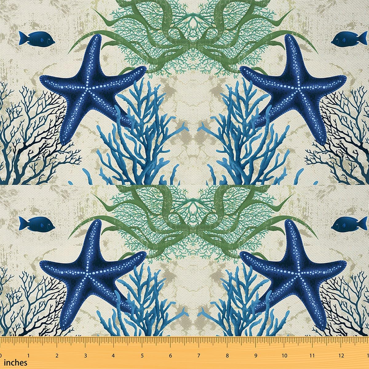 Starfish Beach Fabric by The Yard - Kids Coastal Ocean Waterproof Outdoor Upholstery Fabric for Chairs - Coral Teal Blue Marine Blue Green