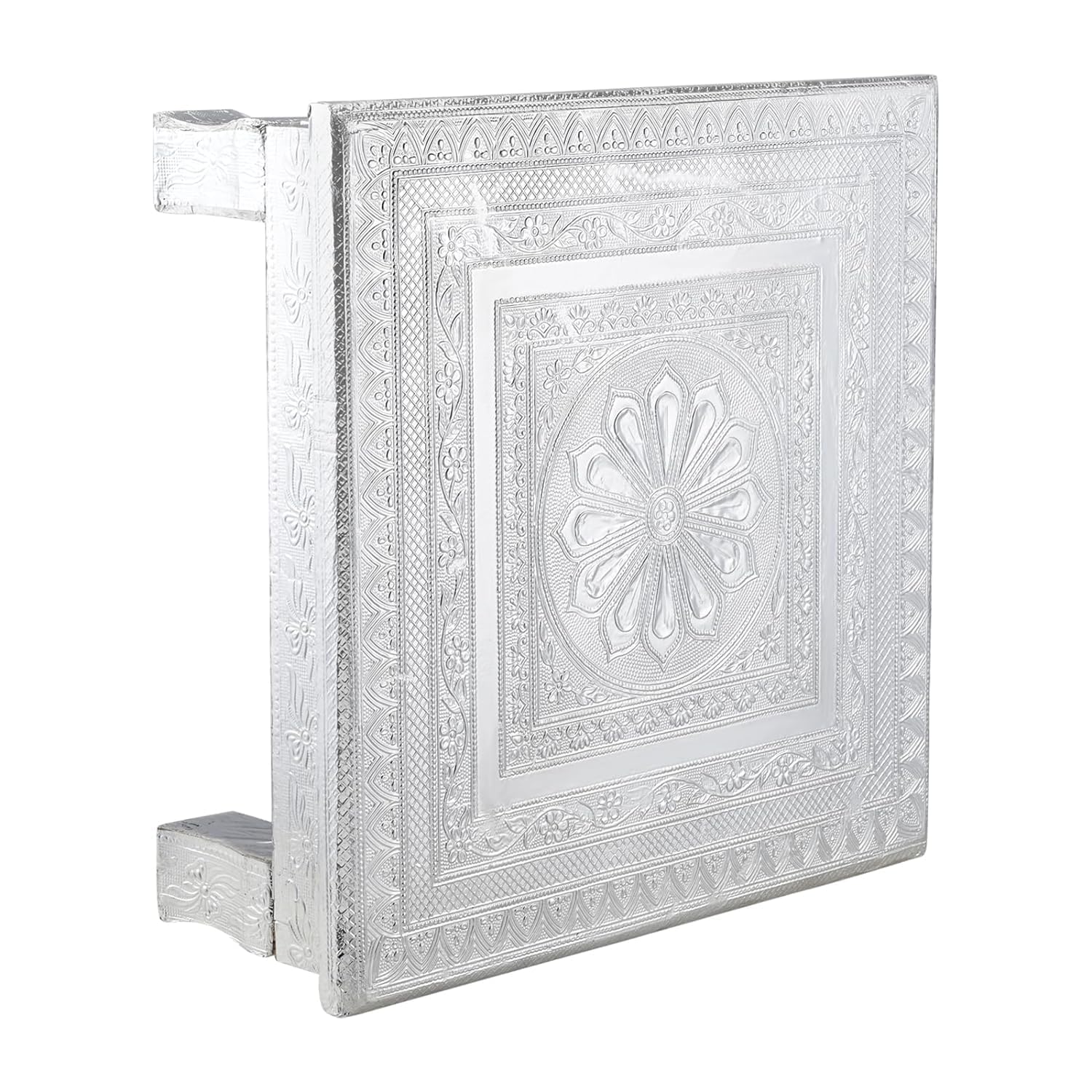 Handicrafts Pooja Chowki Fancy Aluminium Foil Designer Rectangle Pooja Chaurang Wooden Decorative Rajwadi Works Silver (15x15 Inch) 2