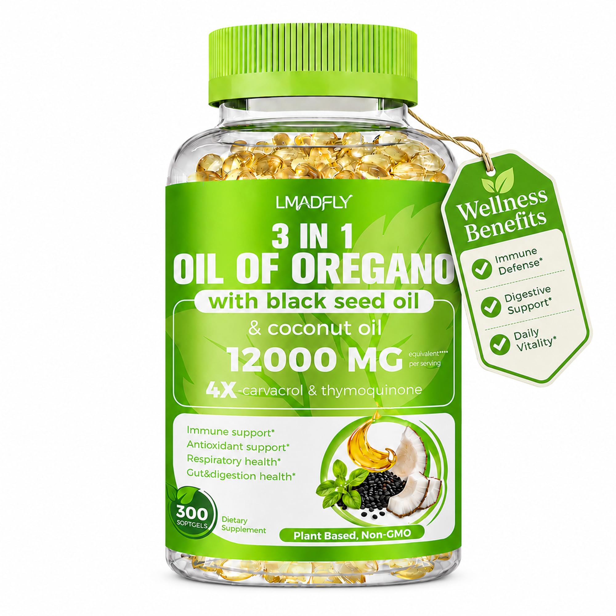 LMADFLY Suplemento de óleo de orégano com óleo de semente preta e óleo de coco, extrato 40:1, 120 cápsulas gelatinosas