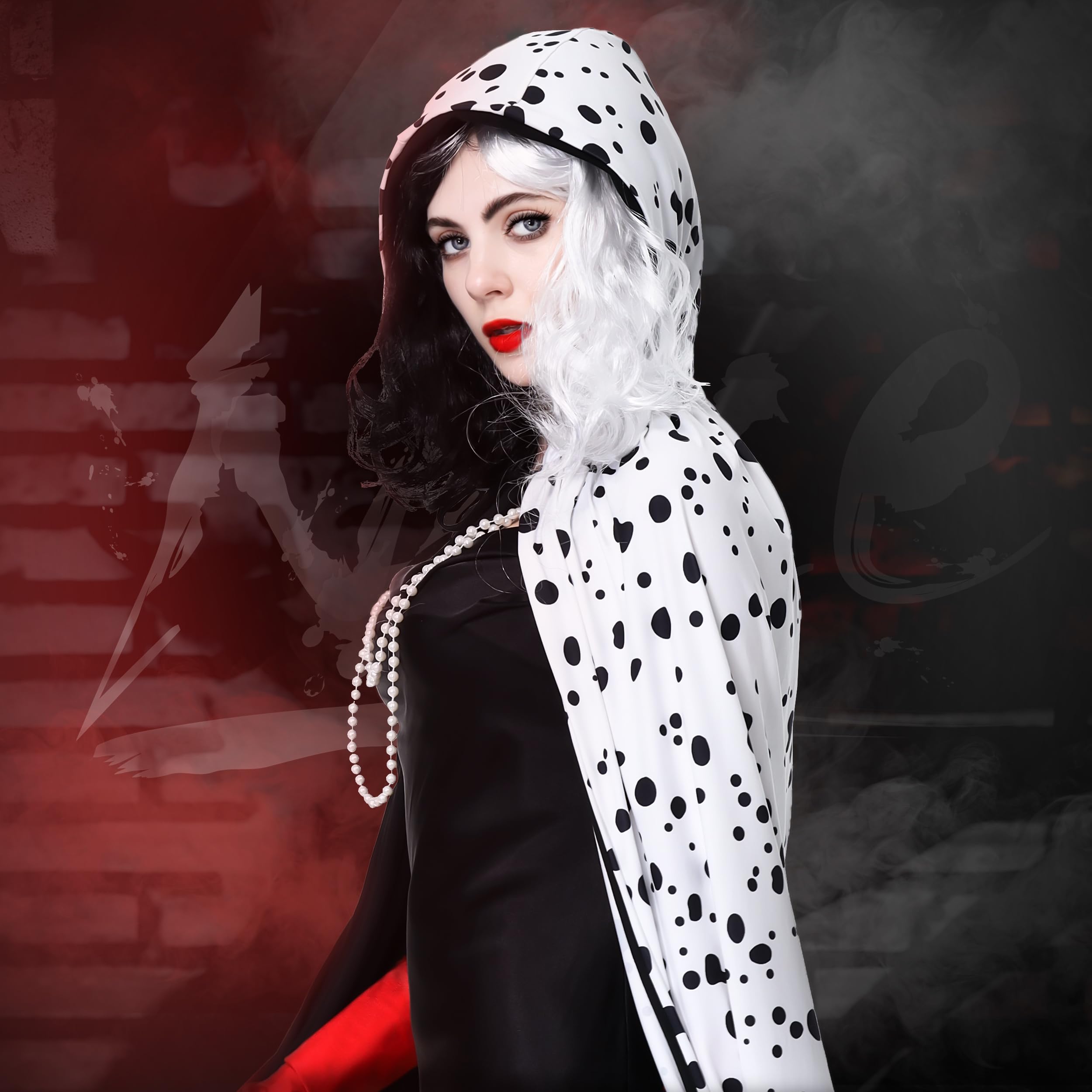 Charmofun 7 Piezas Disfraz Cruella Devil Mujer, Cruella de Vil Disfraz con Collar Peluca Guantes, Traje Halloween Mujer para Carnaval, Fiesta de Disfraces y Cosplay