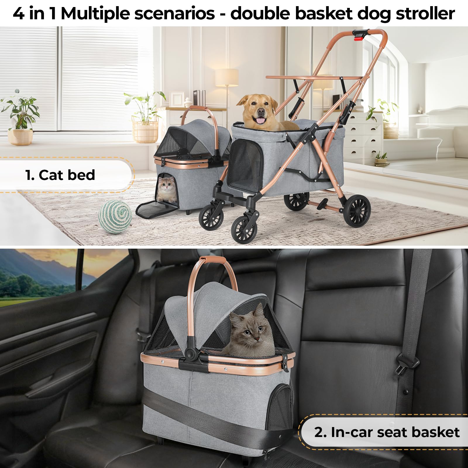 MAMIZO Passeggino Doppio Strato per Cani, Pieghevole Passeggino per Animali Domestici fino a 15 kg, Carrello per Cani con 4 PCS ruote, Passeggino Cane con Finestre a Rete e Portabevande, Grigio