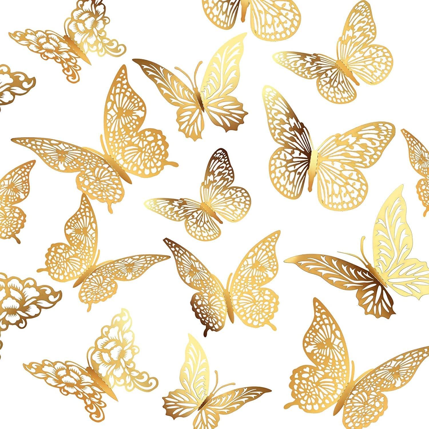 3D Butterfly Wall Decor - 12pc Shiny Gold Wall Stickers, 3 Sizes & 3 Cutout-Carved Designs - DIY Decorative Decals