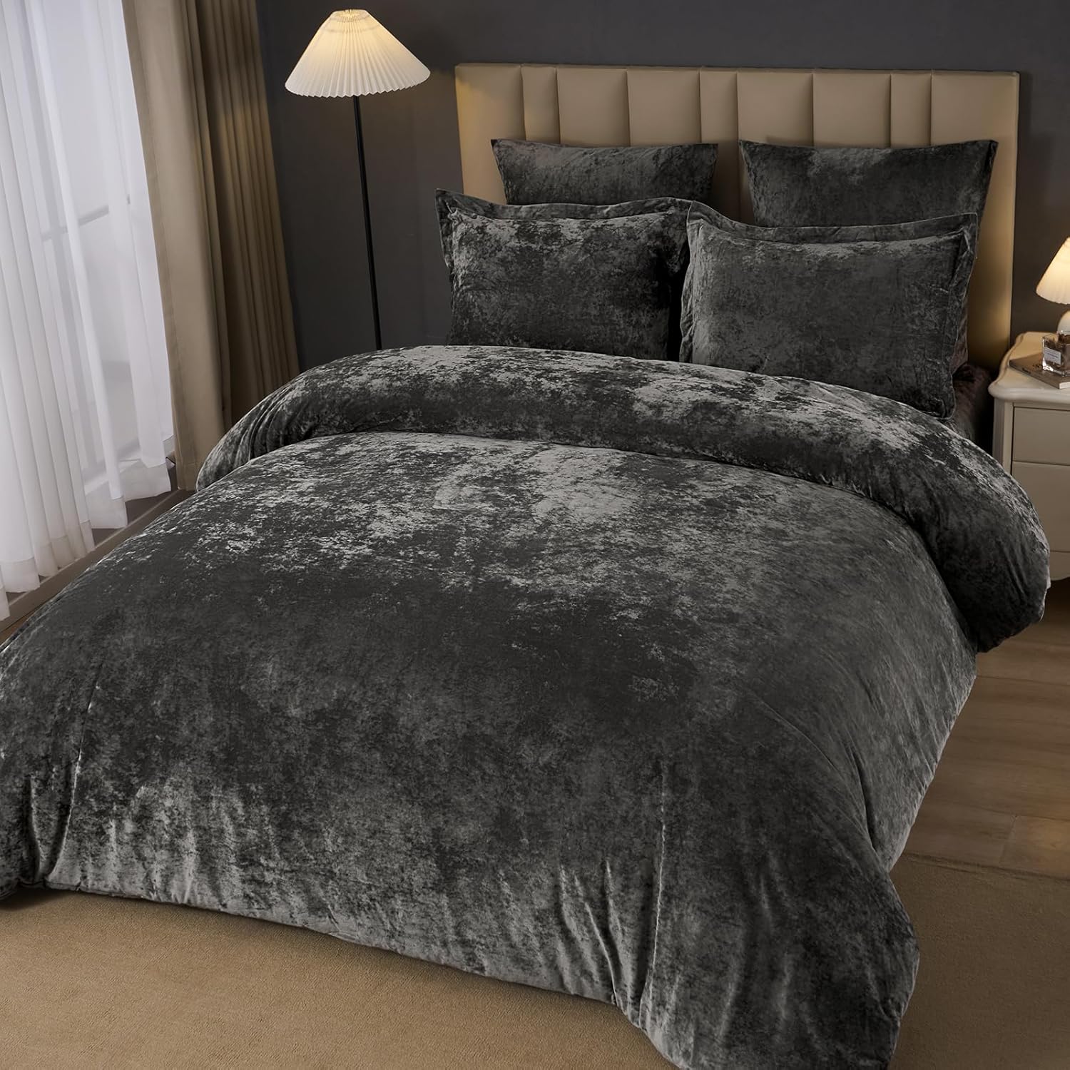 PHF Crushed Velvet Comforter Set King Size, 5-Piece Luxury Winter Bedding Sets with 2 Euro Shams, Heavyweight Warm Fluffy Velvet Bed Spread, Glam Home Decor, Grey - Image 4