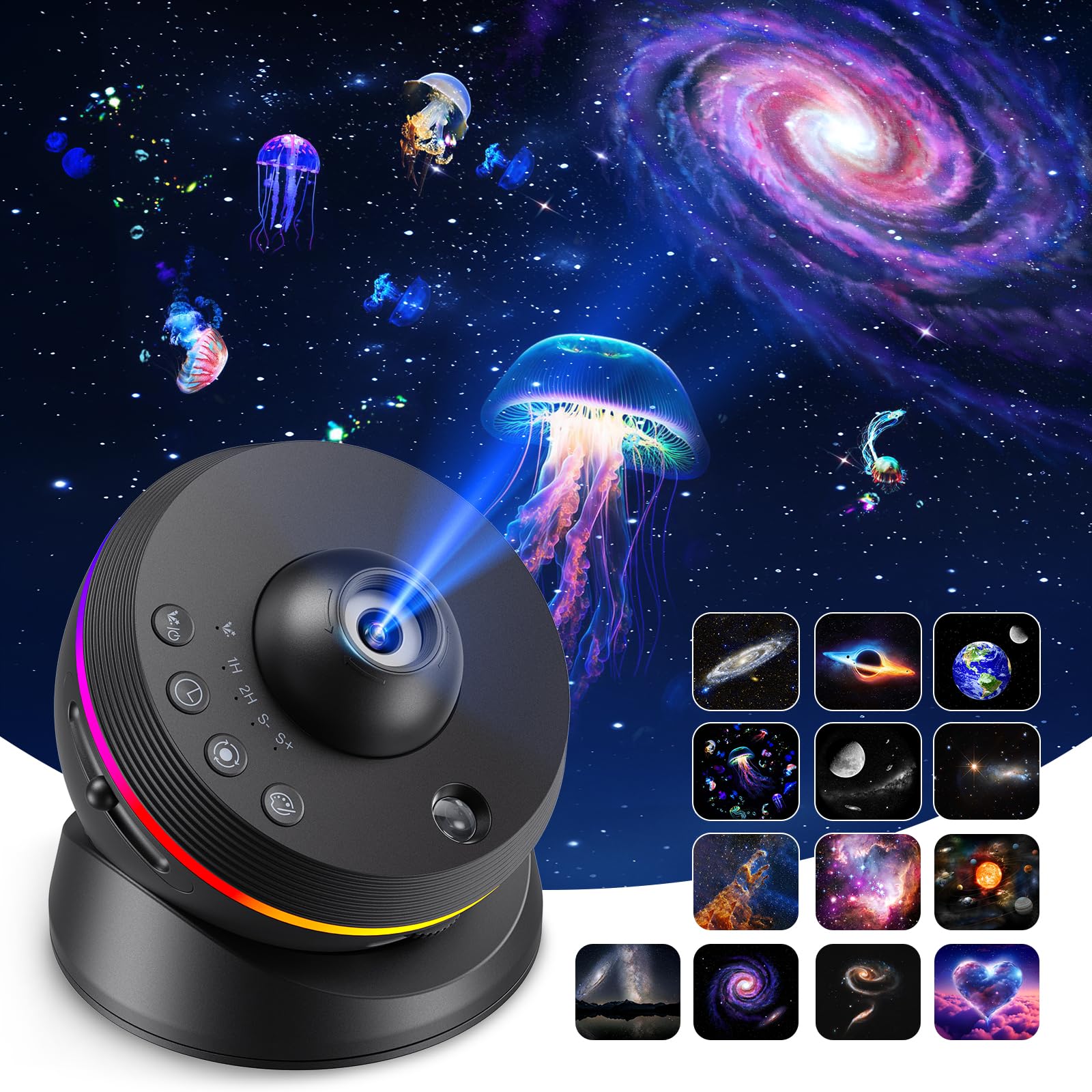 Proyector de Galaxias y Estrellas, 13 Discos Planetarios, Proyector Estrellas para niños, Imagen HD, Velocidad Ajustable, luz Nocturna giratoria de 360° para Techo, decoración de Dormitorio