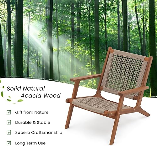 Miniatura 7 de Verano Garden Juego de 2 sillas de patio, sillón moderno de madera de acacia con cuerda tejida a mano para patio, sala de estar, dormitorio, balcón