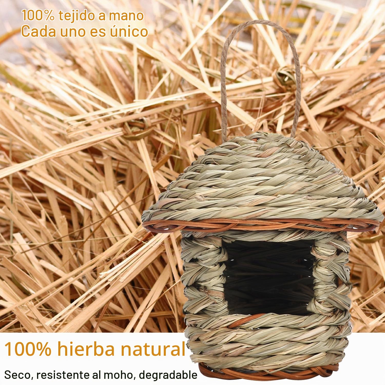 2 Piezas Nido Exterior Tejidas a Mano con Hierba, Casa Colgante para Pájaros Pequeños (Round)
