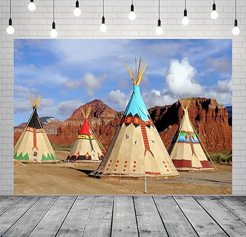 Miniatura 3 de Telón de fondo de nativos americanos de 7 x 5 pies, tiendas de campaña india, cultura tribal, cielo azul, montaña, fotografía, fondo, decoración de