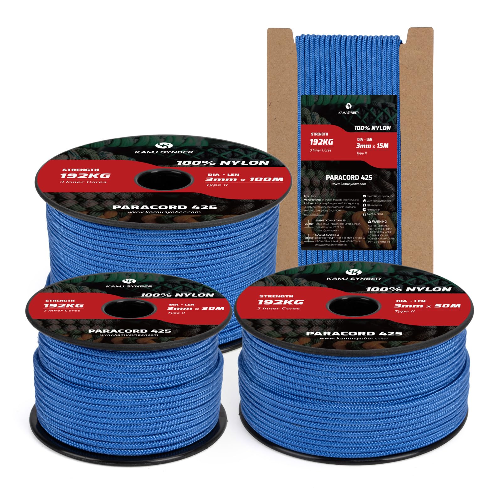 Kamu Synber 425 Paracord 3mm x 30m 100% Nylon Rope 3 Strands Parachute Cord Type II for Outdoor, Crafting, DIY | Support 192kg | Dark Blue