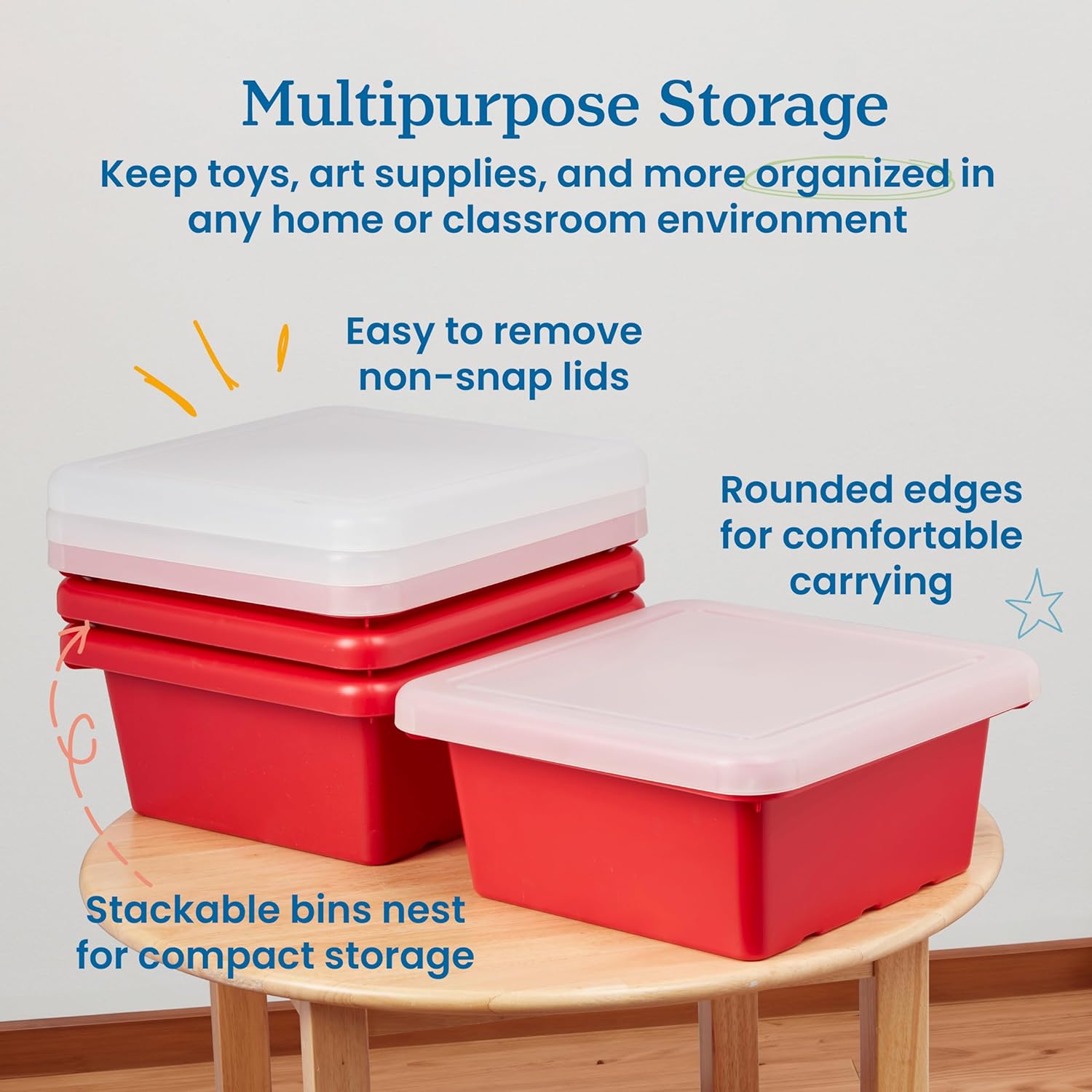 ECR4Kids Square Bin with Lid, Storage Containers, Red, 4-Pack