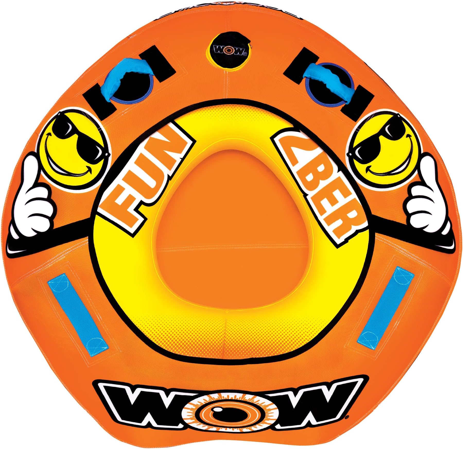 WOW Sports Fun 2Ber Inflatable Towable Tube - Included 12V DC Pump & 1K 60' Tow Rope - Classic 1-Person Design - Perfect Boating Accessory
