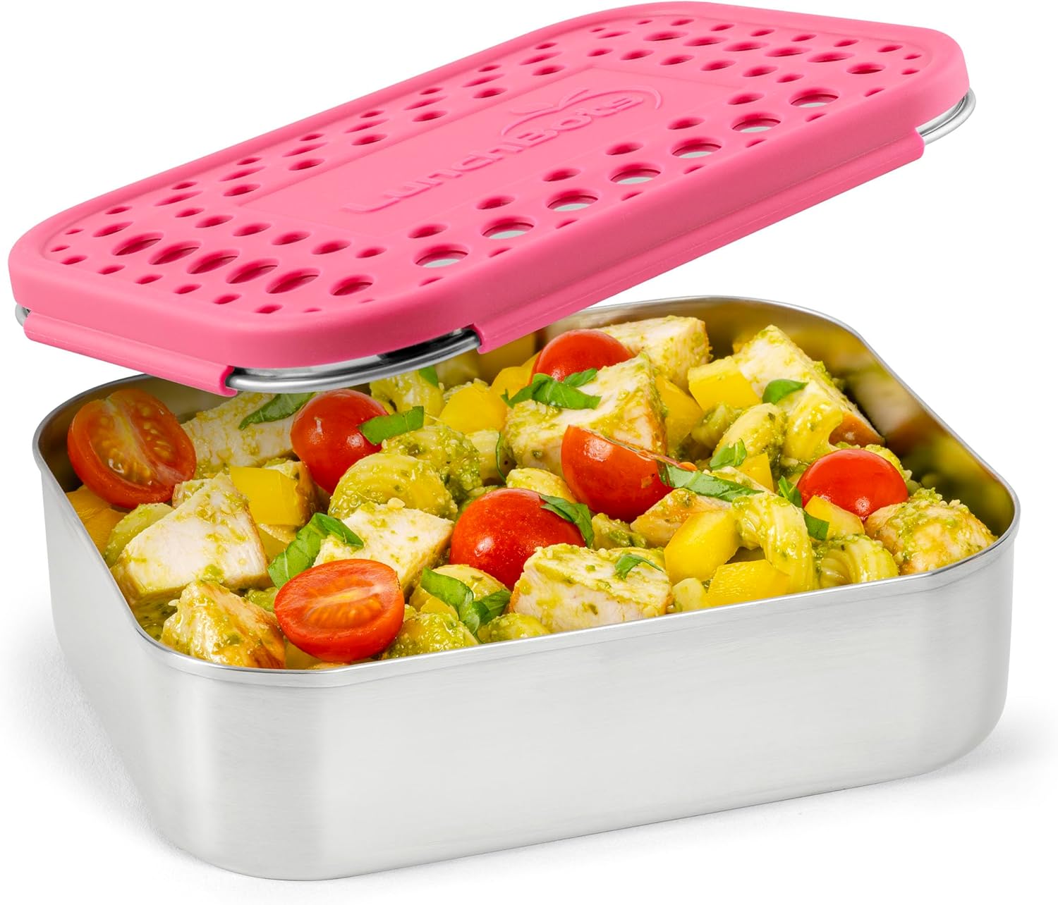 LunchBots Medium Uno Stainless Steel Sandwich Container - Open Design for Wraps - Salads or a Small Meal - Eco-Friendly - Dishwasher Safe and BPA-Free - Pink Dots - Thumbnail 4