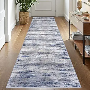 KOZYFLY Modern Abstract Washable Rug Runner 2.6x10 Hallway Rug Runner Non-Slip Soft Kitchen Runner Rugs, Distressed Grey-Blue Striped Carpet for Entryway Bathroom Laundry Room Foyer