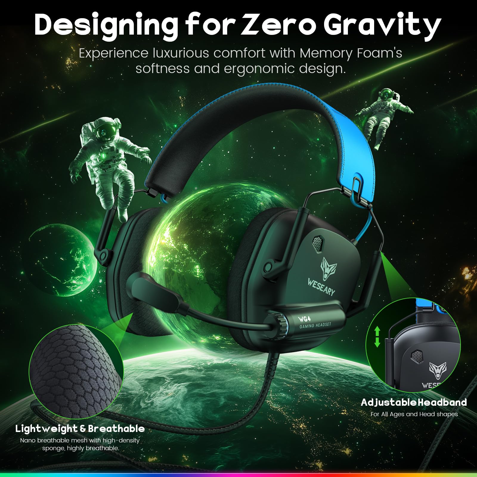 WESEARY Casque Gaming, 7.1 Casque Audio Stéréo avec Micro pour PS5, PS4, PC, Xbox One, Switch, Casque avec Coussinets en Mousse à Mémoire de Forme, Jack 3,5 mm