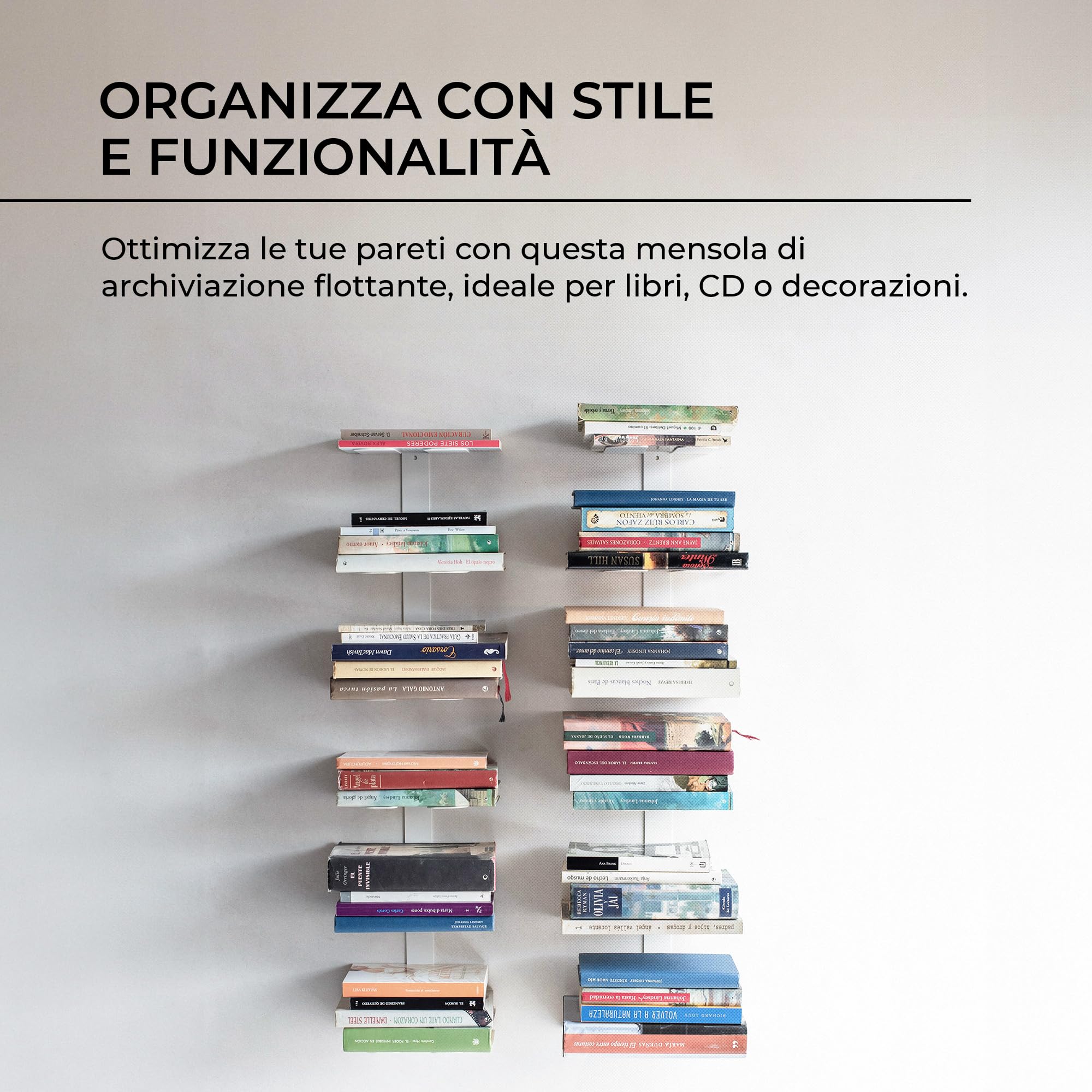 MILUKA Set 2 Libreria Verticale Sospesa 35 cm con 3 Livelli in Acciaio Bianco | Libreria da Parete Sospesa, Porta Libri, CD | Scaffale Modulare Invisibile Salvaspazio
