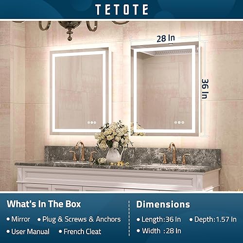 Miniatura 6 de TETOTE Espejo de baño LED con luces de 28 x 36 pulgadas, espejo frontal y retroiluminado para tocador, antiniebla, sin escalones, regulable, 3
