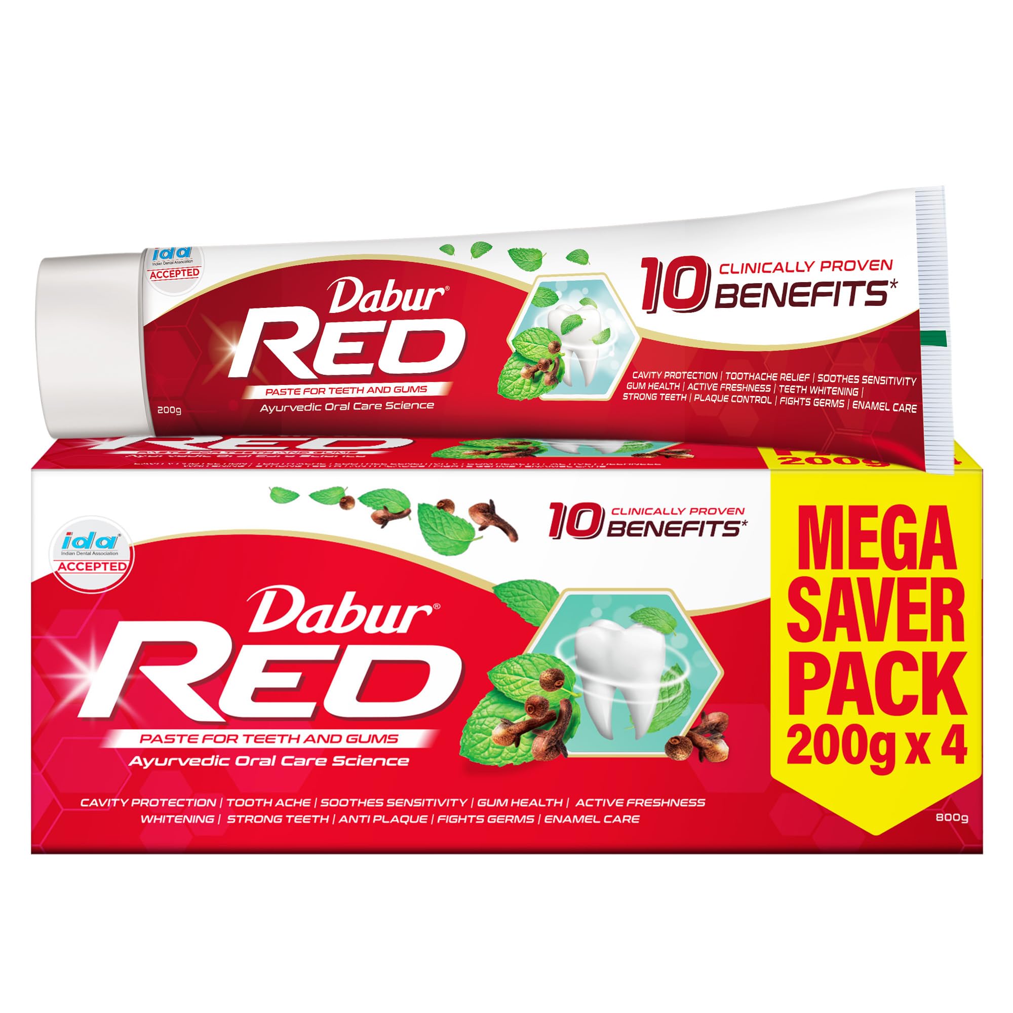Dabur Red Paste - India's No.1 Ayurvedic Paste, Provides Protection Plaque Removal, Toothache, Yellow Teeth, Bad Breath- 800g (200gm*4)