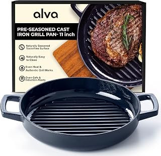 Alva Nori Enameled Cast Iron Grill Pan, 11" – Made With No PFAS/PTFE/PFOA, Oven & Induction Safe – 3-Layer Enamel, No Seasoning Needed – Durable, Easy-Clean Bakeware for Healthy Cooking, Black