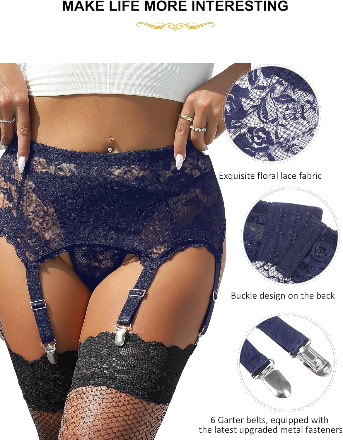 comeondear Women Lace Garter Belt for Thigh Highs Plus Size Suspender Belt Set 6 Straps Floral Garter Lingerie - Image 3