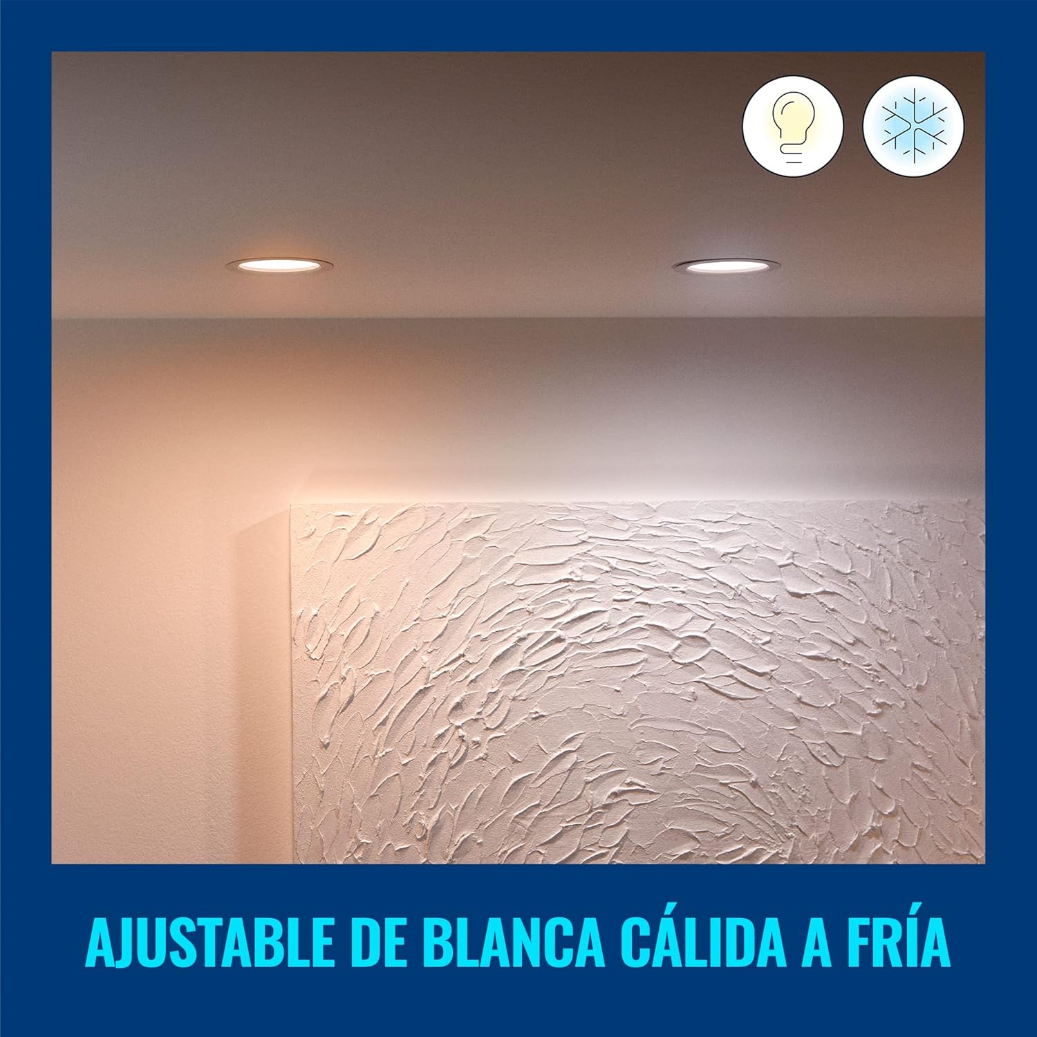 Two WiZ recessed downlights emitting a warm white light in a room, demonstrating the tunable white feature.