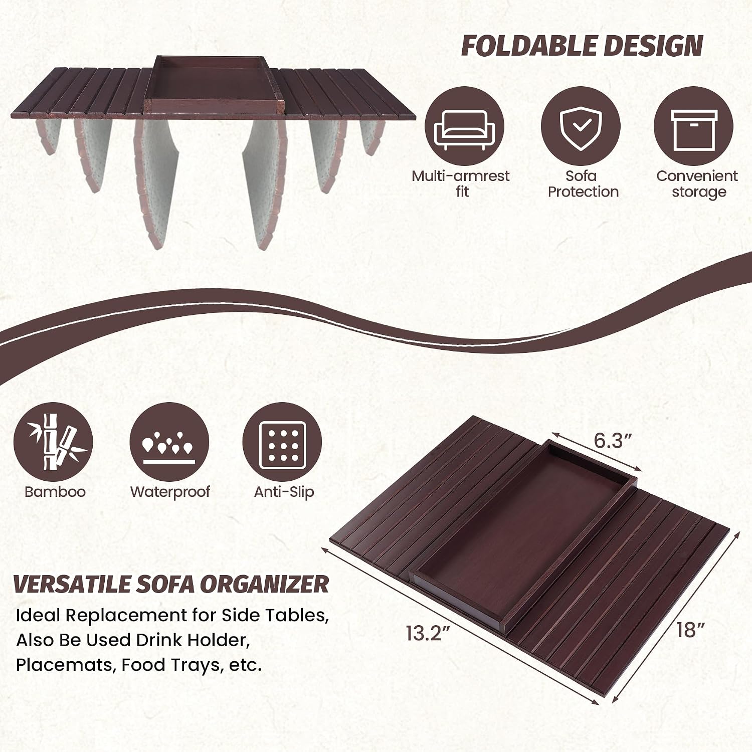 GEHE Bamboo Sofa Arm Tray, Foldable Couch Arm Tray Side Table, Anti-Falling Armrest Tables Cup Holder for Snacks, Drinks, Beers, Phone, Control, Flexible and Portable, Anti-Slip image 3