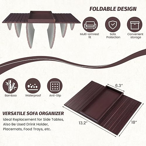 Miniatura 3 de GEHE Bandeja de brazo de bambú para sofá, mesa auxiliar plegable para brazo de sofá, mesa auxiliar con reposabrazos anticaídas, soporte para tazas