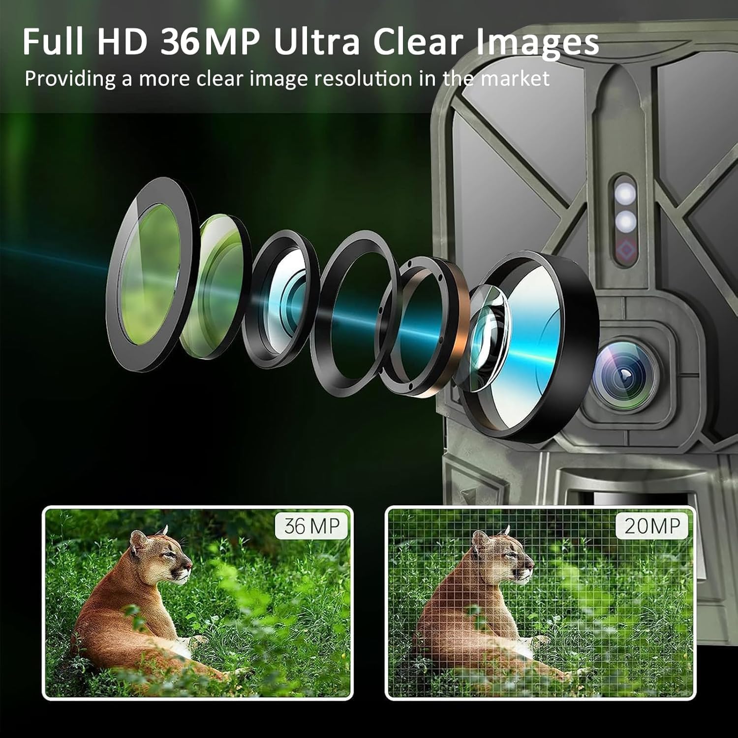 Diagram of camera lens components and comparison of 36MP vs 20MP image quality