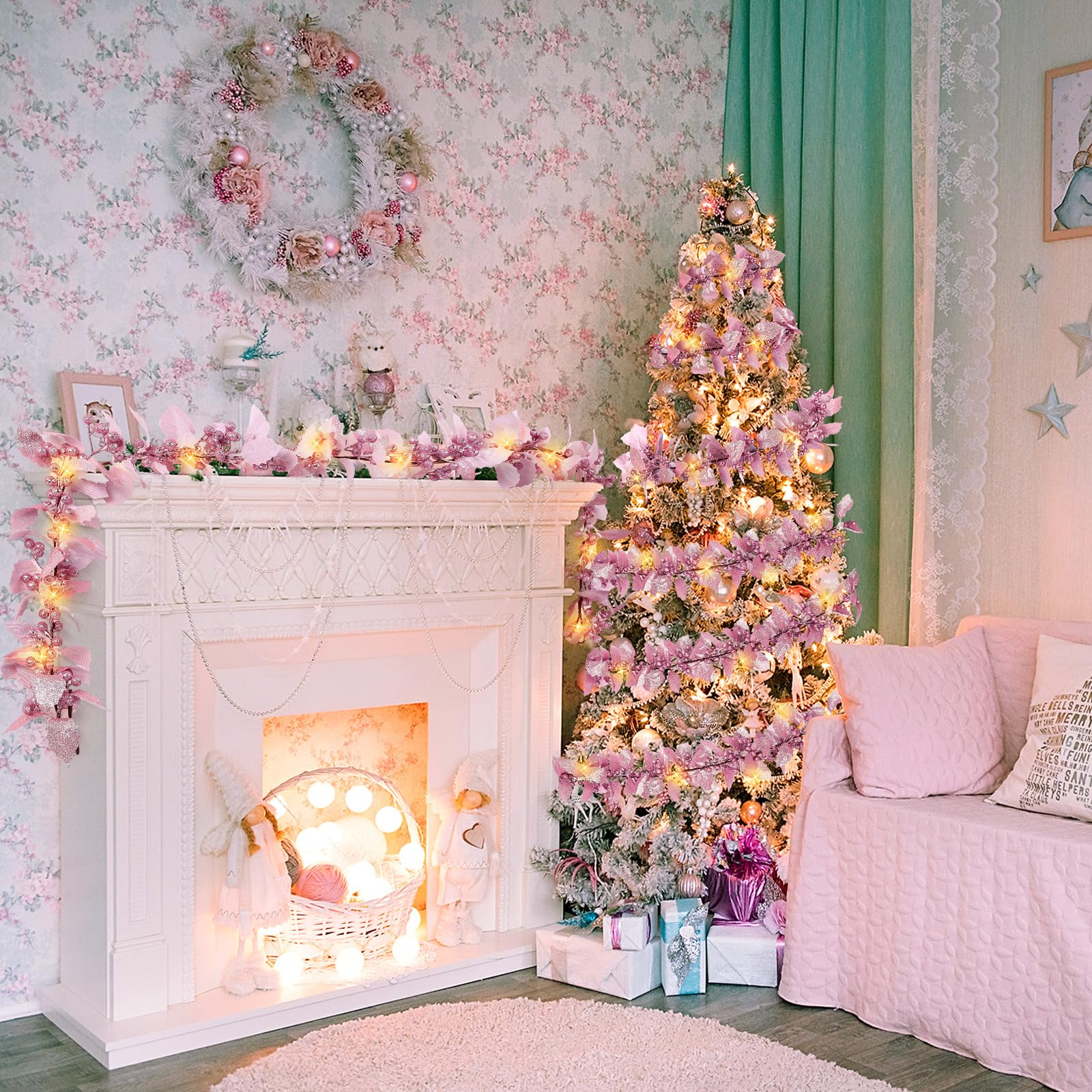 Syhood Guirlande de baies de Noël de 1,8 m - Guirlande lumineuse de feuilles de houx artificielles pour intérieur - Décoration d'automne et de Noël - Guirlande lumineuse pour cheminée, cheminée - Rose