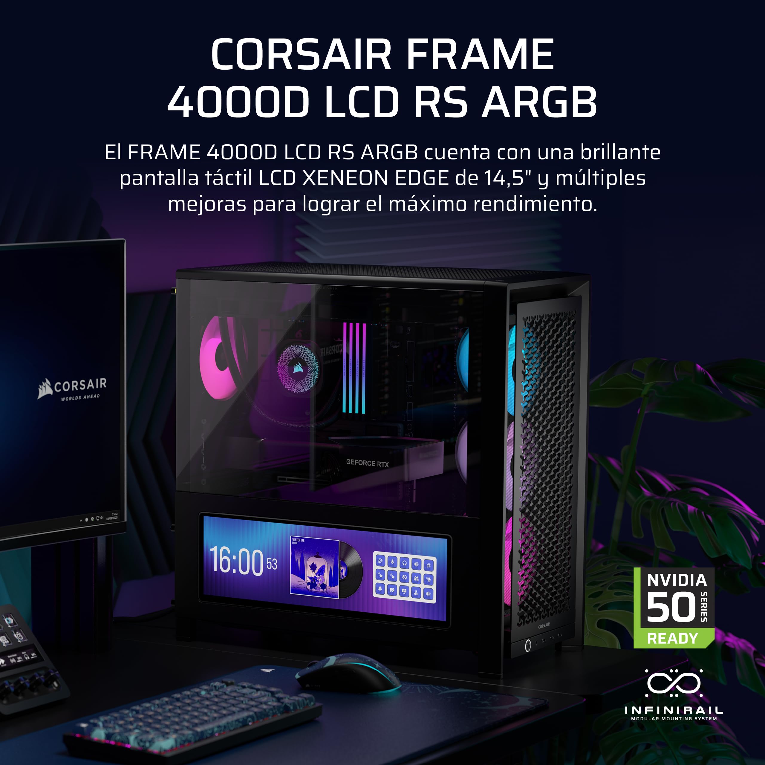 CORSAIR Frame 4000D LCD RS ARGB Chasis para PC Modular ATX Semitorre – Pantalla Táctil LCD XENEON Edge, Sistema de Montaje de InfiniRail, 4 Ventiladores RS120 ARGB PWM – Negro | Pantalla táctil modular XENEON EDGE LCD, sistema de montaje del ventilador In