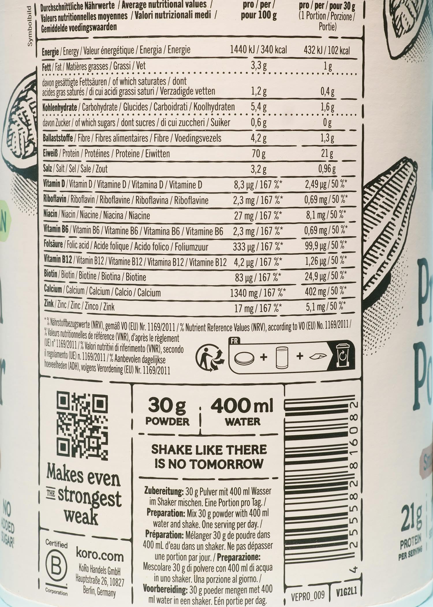 KoRo - Vegan Protein Powder Smooth Chocolate 300 g - Aus Reis-, Erbsen- und Sojaprotein - Cremig-süß im Geschmack - Proteinreich