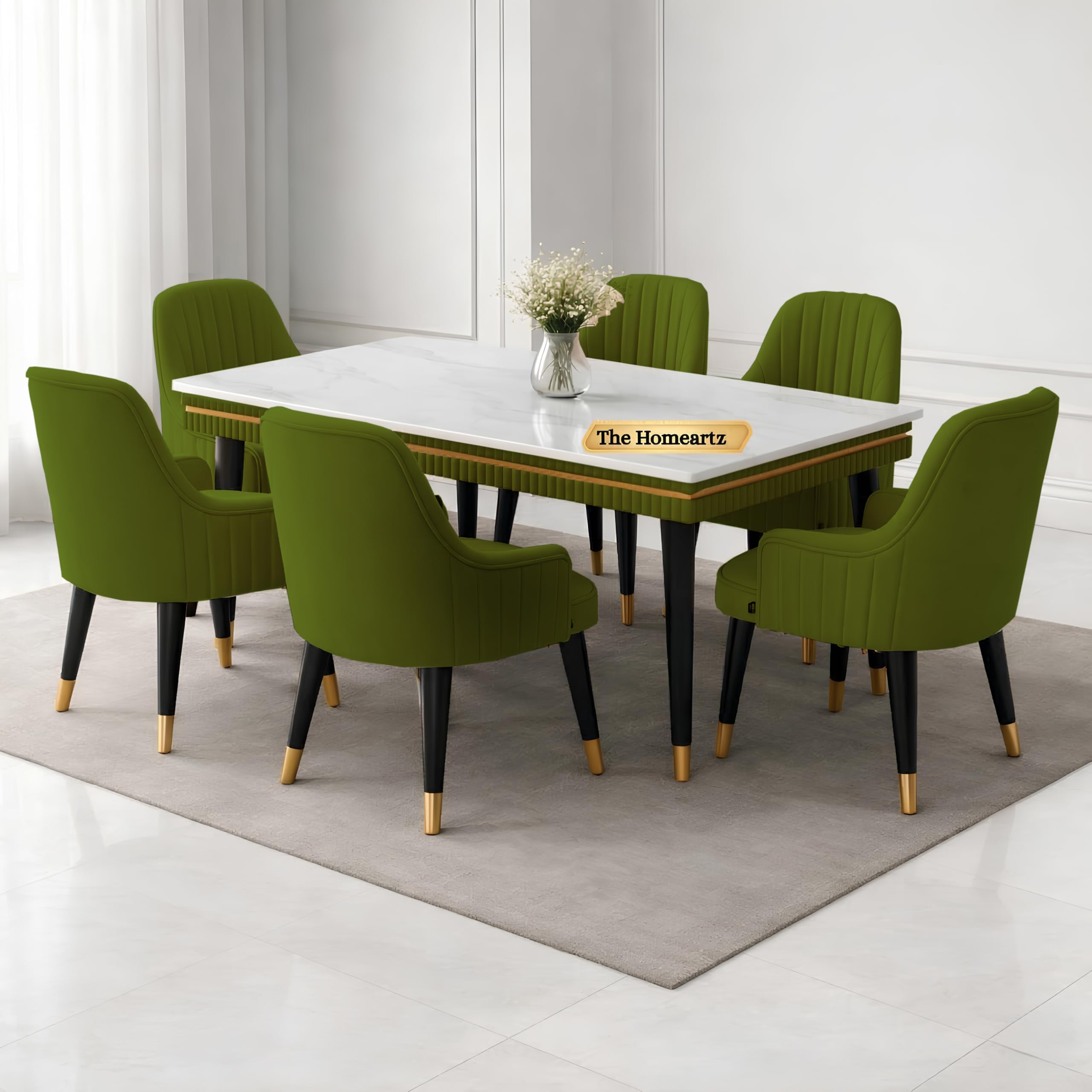 The Homeartz Elara Modern Dining Table Set 6-Seater Wooden Dining Table Set | 2 Year Warranty | Nano Composite Marble Marble Top Table with 6 Chairs (Sea Green)