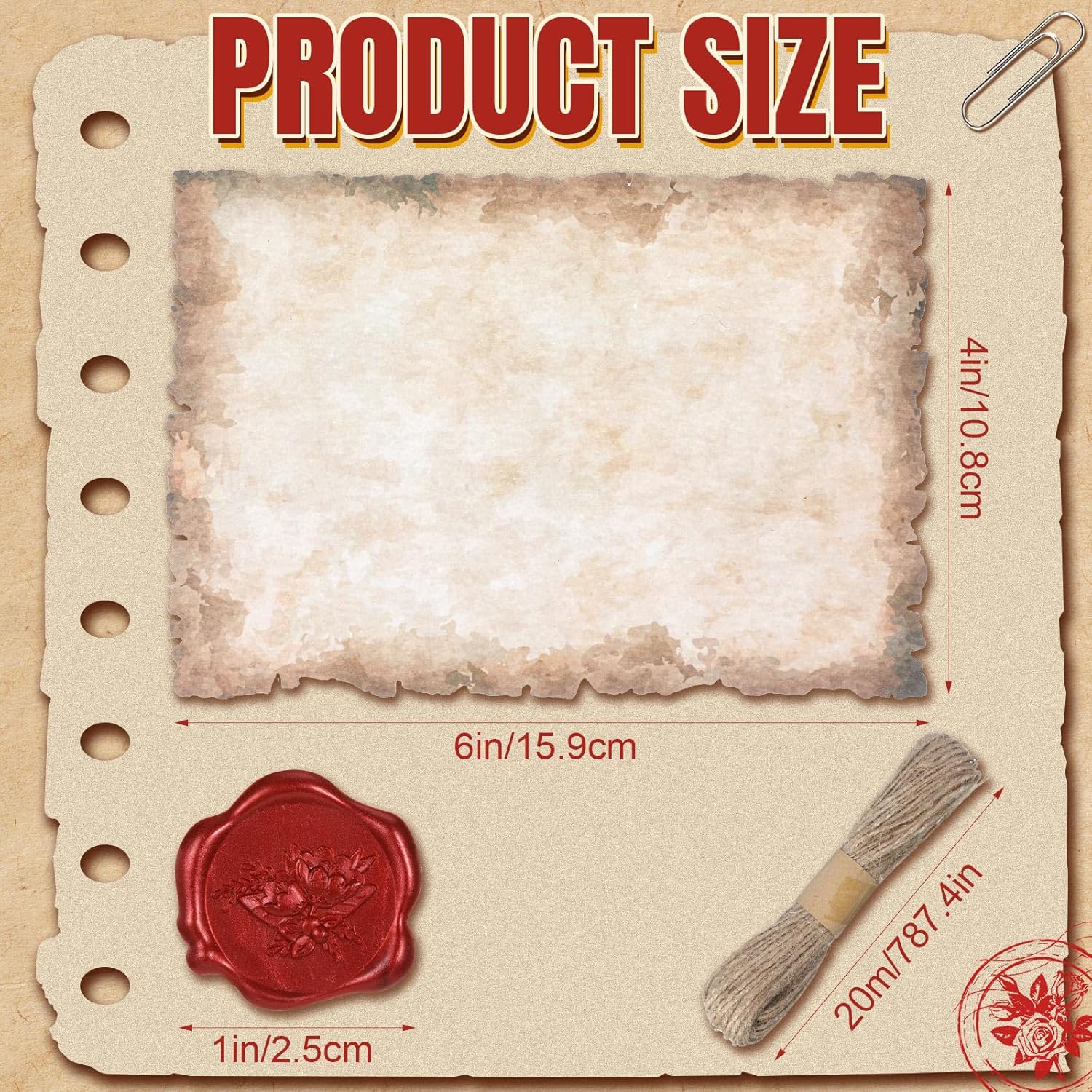 Sinload Vintage Writing Invitations Set Includes 100 Letter Antique Scroll Rustic Papers 100 Wax Seal Stickers 3 Strands of Twine for Valentines Mother Stationery Old Medieval Cardstock(4 x 6 Inch)