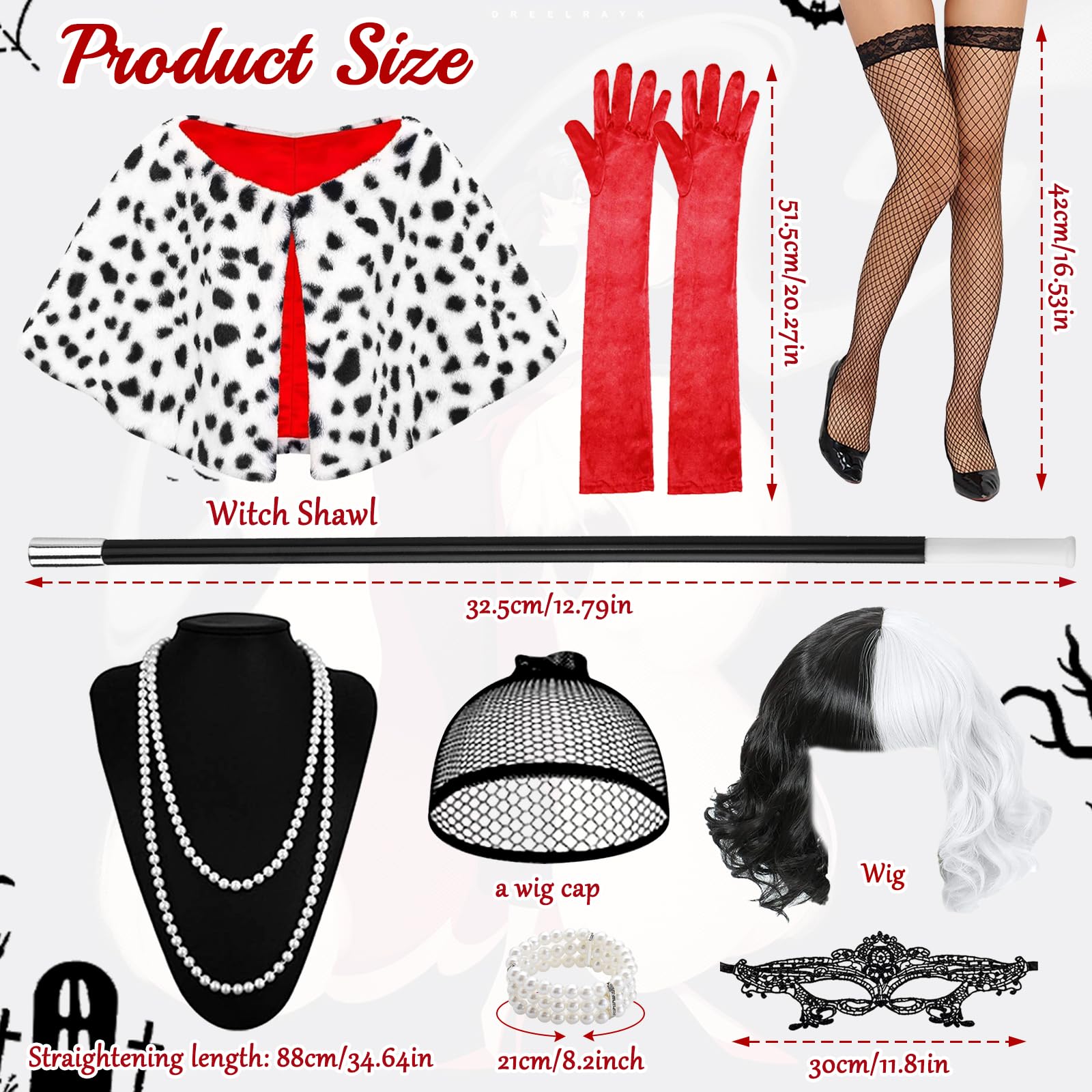 9 sztuk Cruella Zestaw cosplay dla kobiet, czarna i biała peruka, diabelski strój z peruką, maską, perłami, bransoletkami, rękawiczkami, szalikiem, papierosem i siatkowymi rajstopami na karnawał