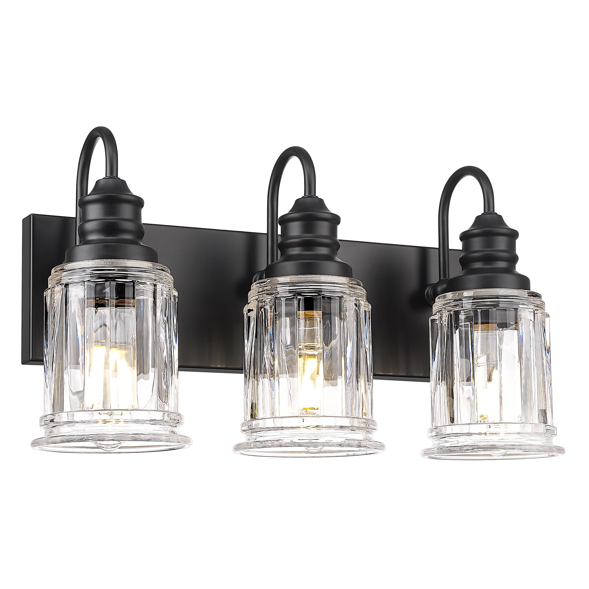 HWH INVESTMENT Bathroom Light Fixtures, 3-Light Matte Black Vanity Light, 18 Inch Wall Sconces with Bell-Shaped Clear Glass, Bathroom Wall Lights for Mirror Bedroom Hallway, 5HZG106B-3W BK