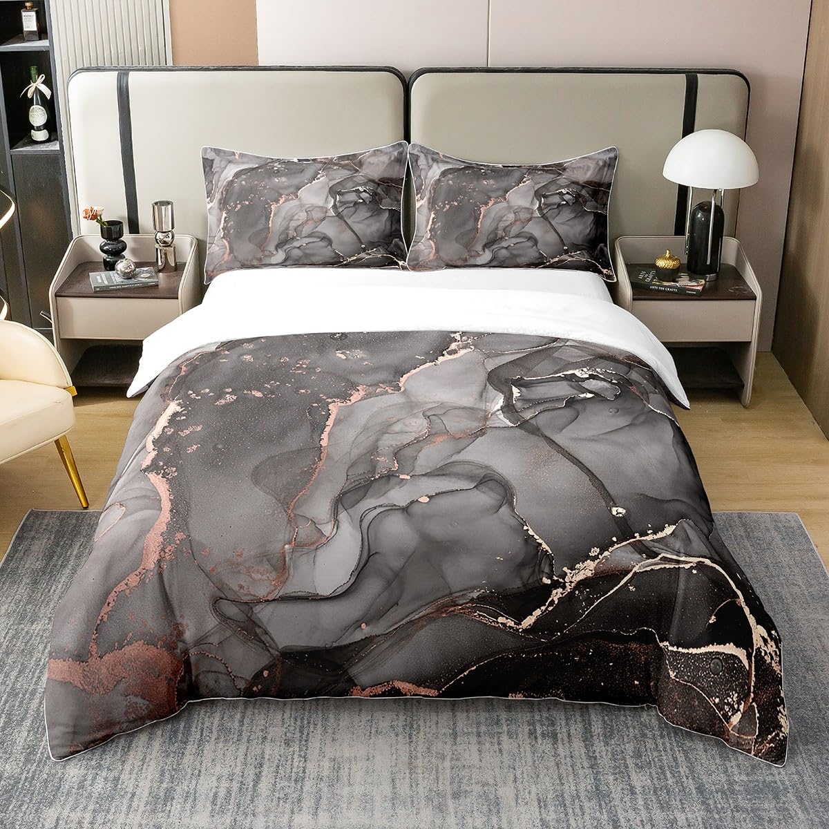 richhome Marble 100% Nature Cotton Duvet Cover Single for Girls Women,Rose Gold Abstract Marble Texture Printed Super Soft Bedding Set,Luxury Black Grey Comforter Cover Bedding 2 Piece (No Comforter)