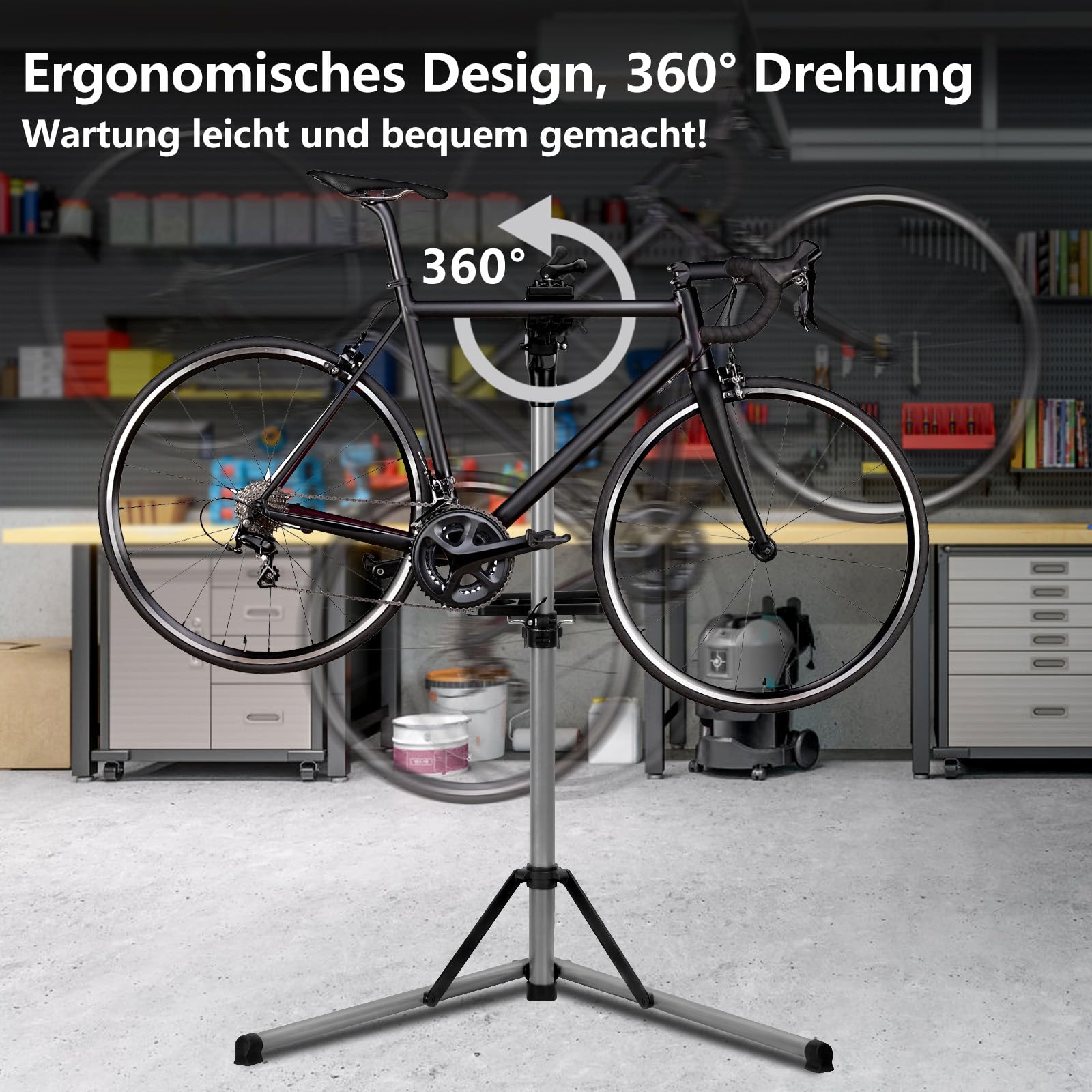Urban Deco Fahrrad Montageständer Stabiler Reparaturständer aus Aluminiumlegierung, 50kg Kapazität, Höhenverstellbar bis 160cm, 360° Drehbare Halterung (Silver)